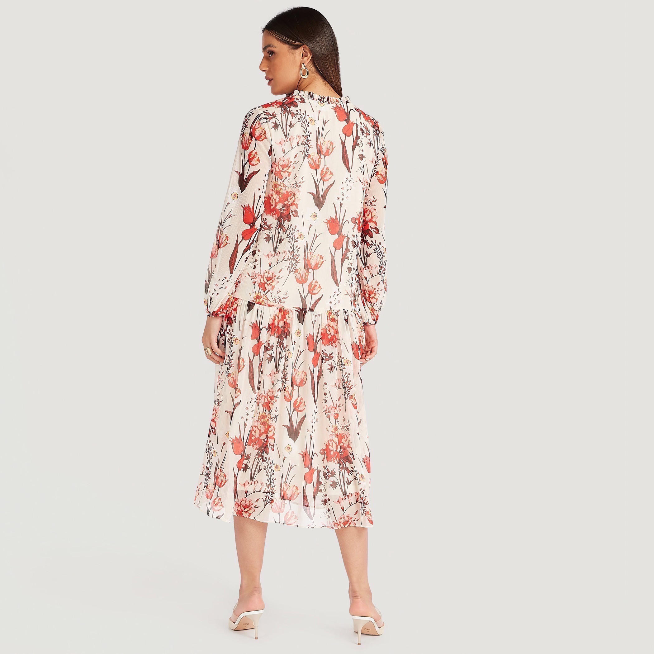 فستان ميدي إيه لاين بطبعات أزهار وياقة عادية بكشكشة وأكمام طويلة-women-clothing-dresses-image-4