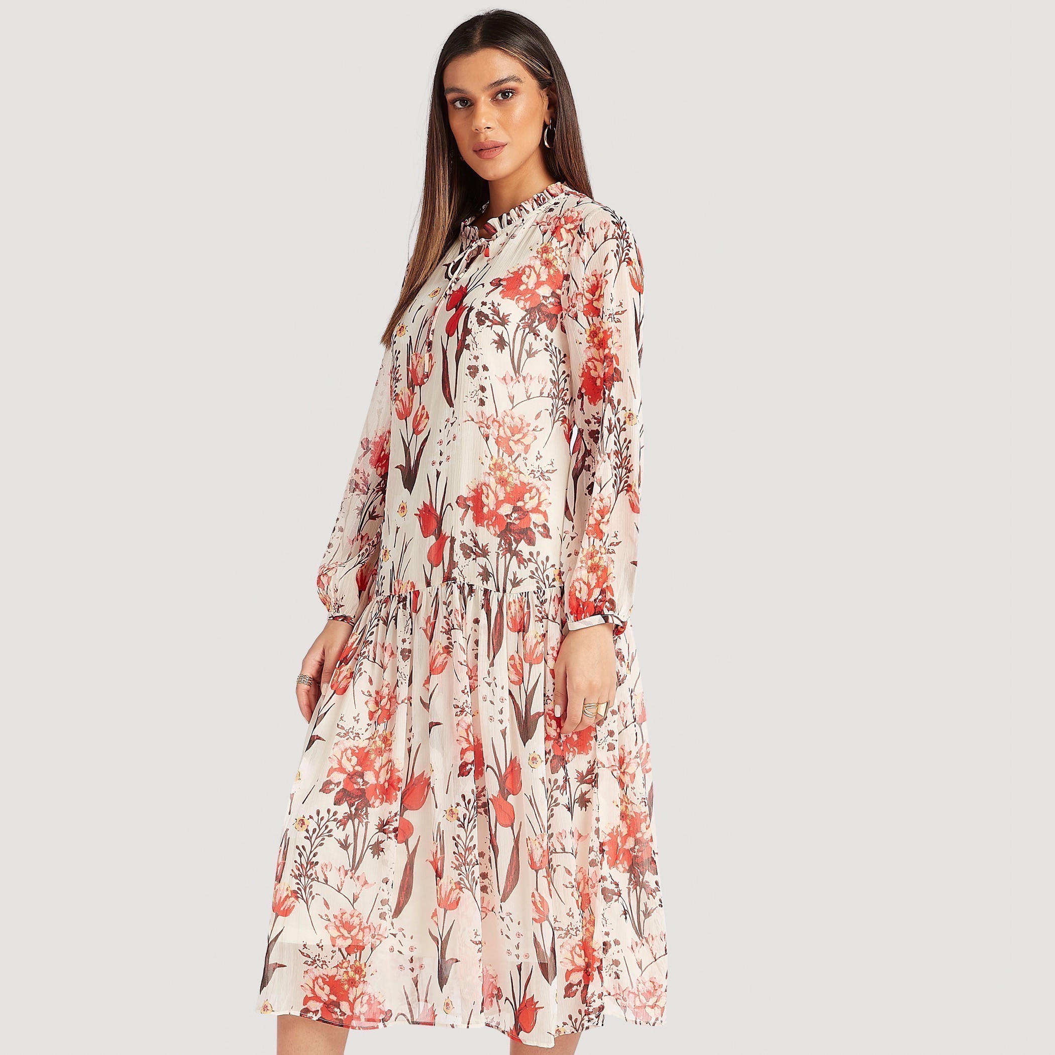 فستان ميدي إيه لاين بطبعات أزهار وياقة عادية بكشكشة وأكمام طويلة-women-clothing-dresses-image-5