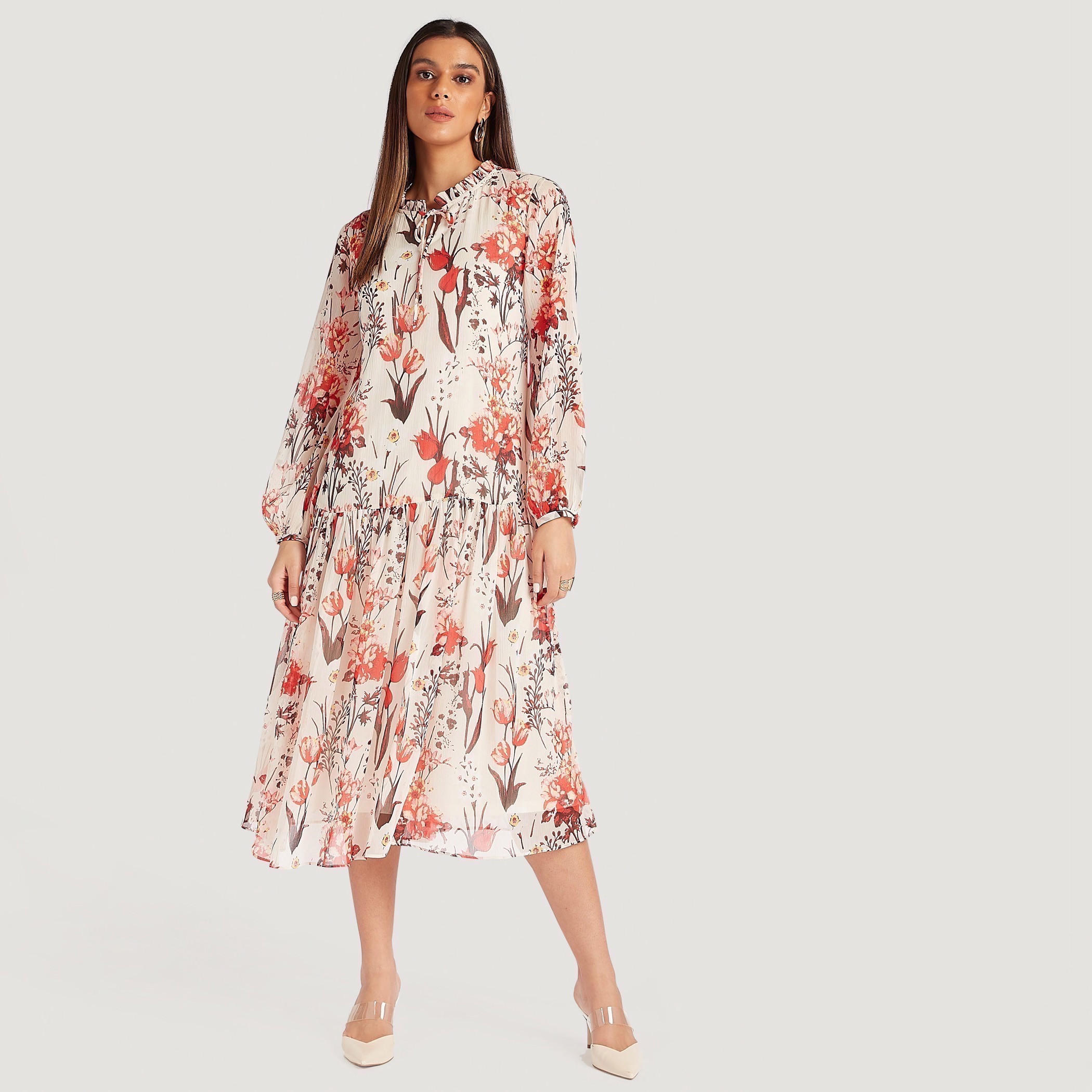 فستان ميدي إيه لاين بطبعات أزهار وياقة عادية بكشكشة وأكمام طويلة-women-clothing-dresses-image-6