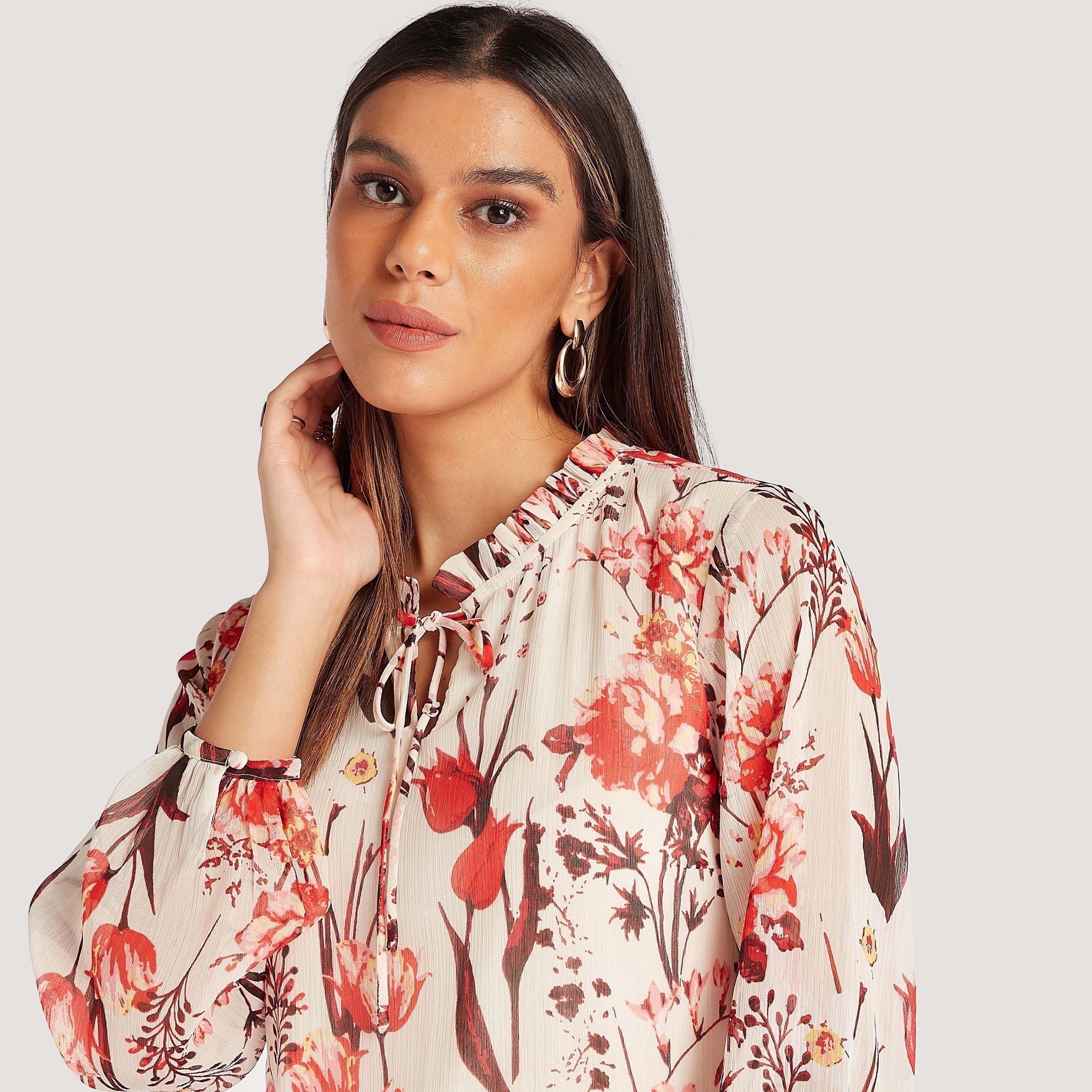 فستان ميدي إيه لاين بطبعات أزهار وياقة عادية بكشكشة وأكمام طويلة-women-clothing-dresses-image-7