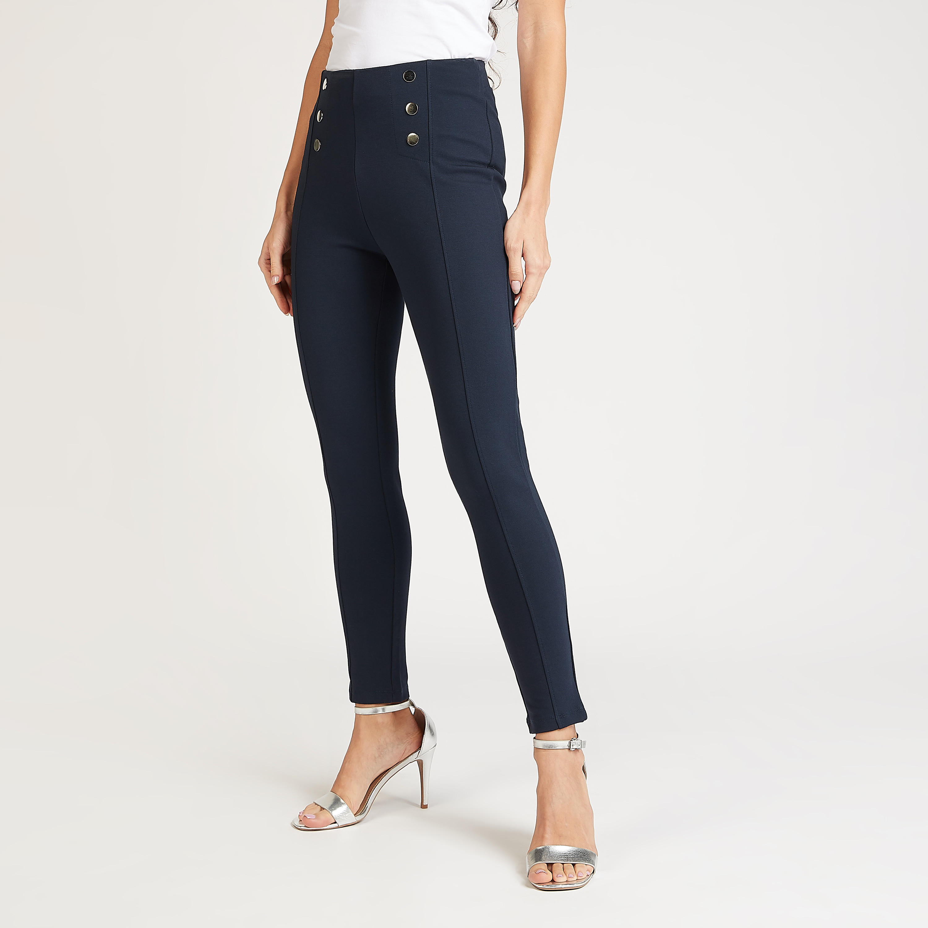 بنطلون ليقنز سكيني سادة بخصر مطاطي متوسط الارتفاع-women-clothing-bottoms-leggings-image-1