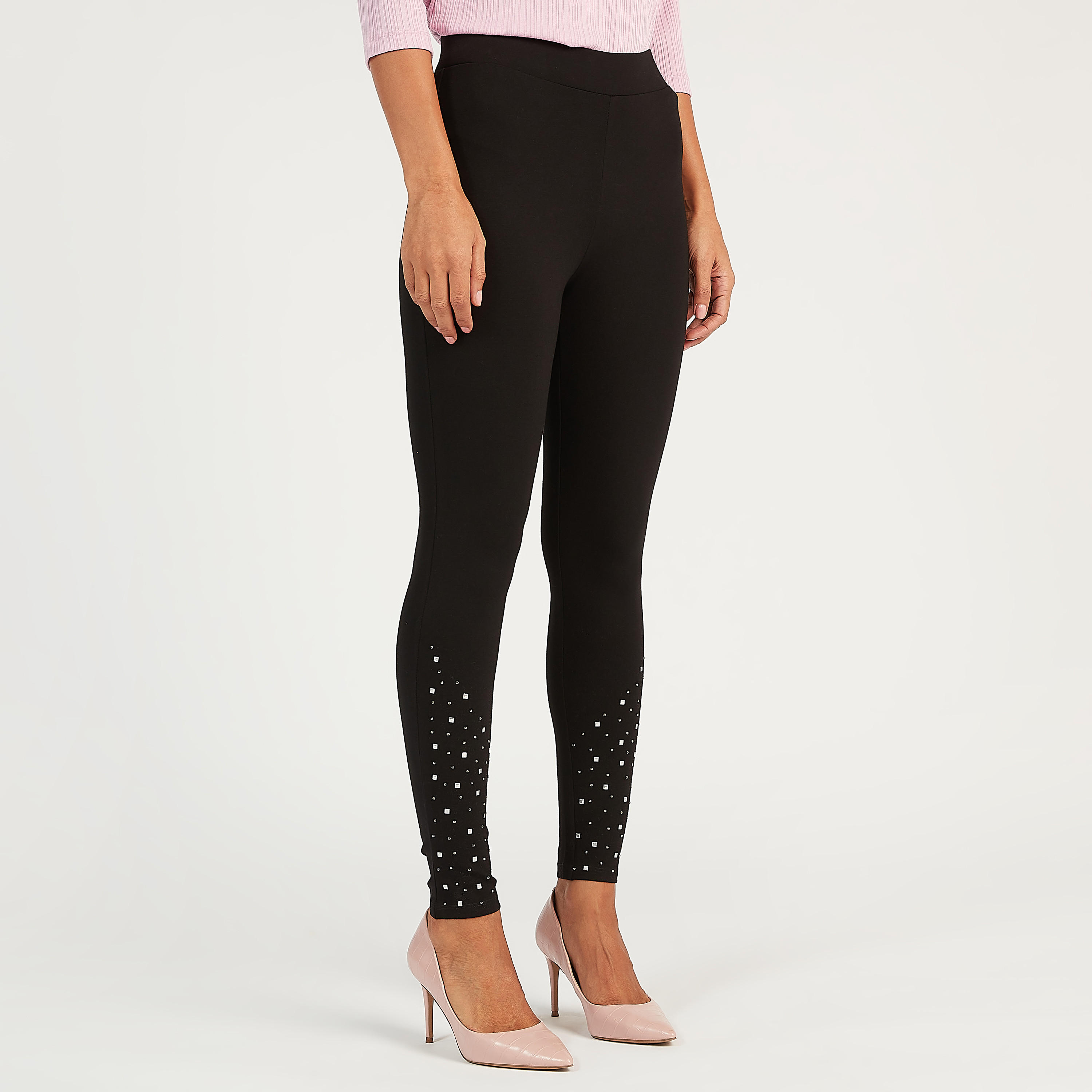 بنطلون تريقينز سادة بقصة سكيني وخصر مطاطي وتفاصيل مزينة-women-clothing-bottoms-leggings-image-1