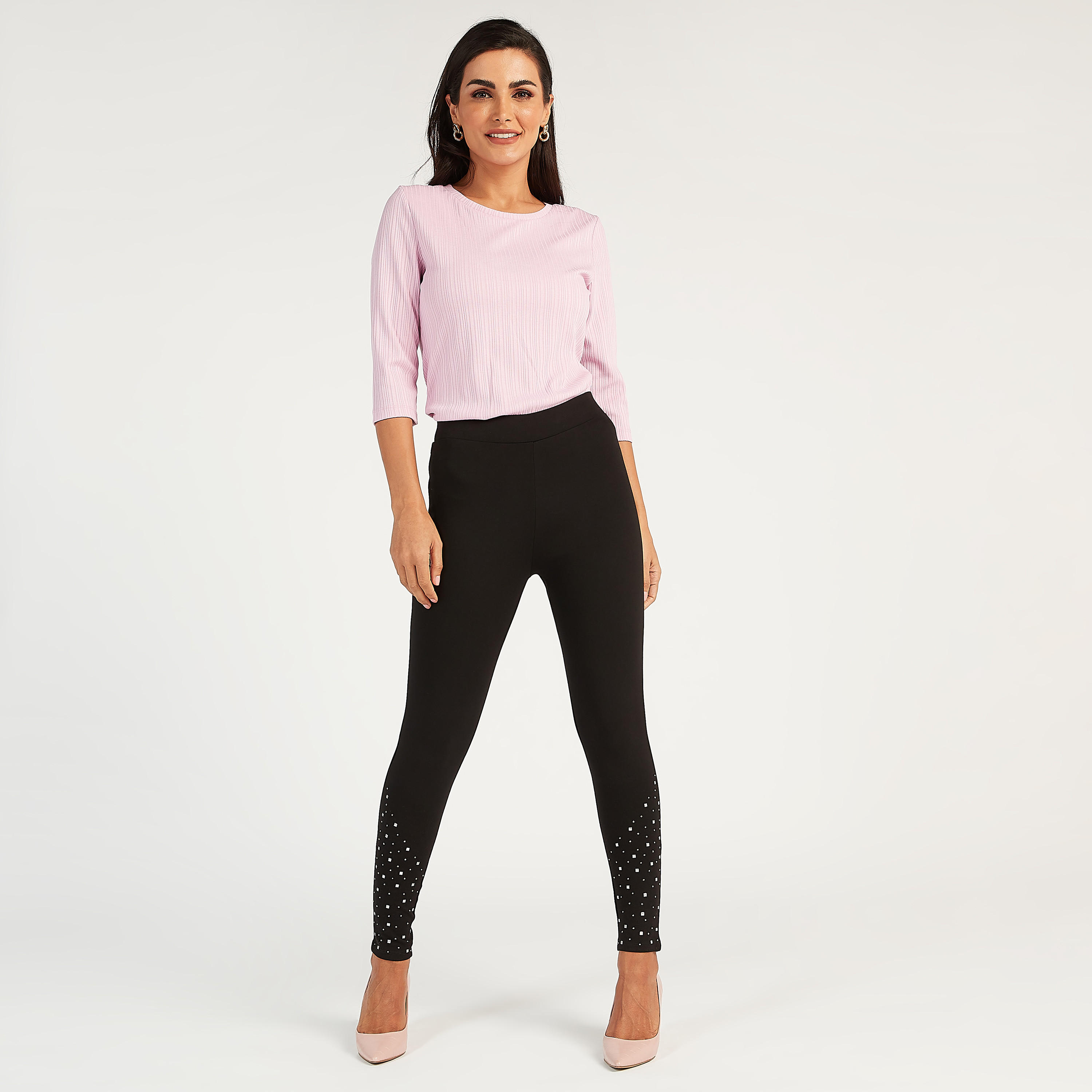 بنطلون تريقينز سادة بقصة سكيني وخصر مطاطي وتفاصيل مزينة-women-clothing-bottoms-leggings-image-2