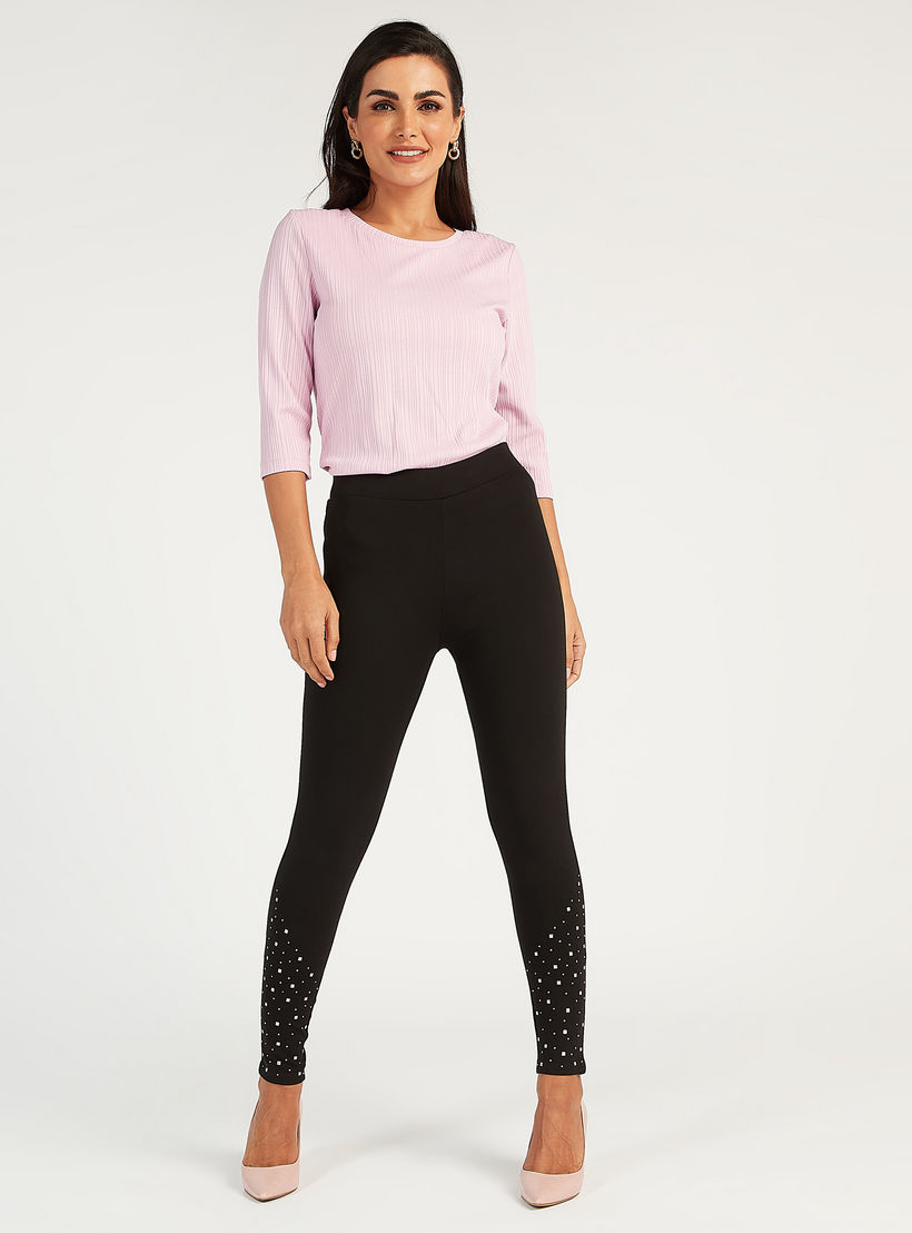 بنطلون تريقينز سادة بقصة سكيني وخصر مطاطي وتفاصيل مزينة-women-clothing-bottoms-leggings-image-2
