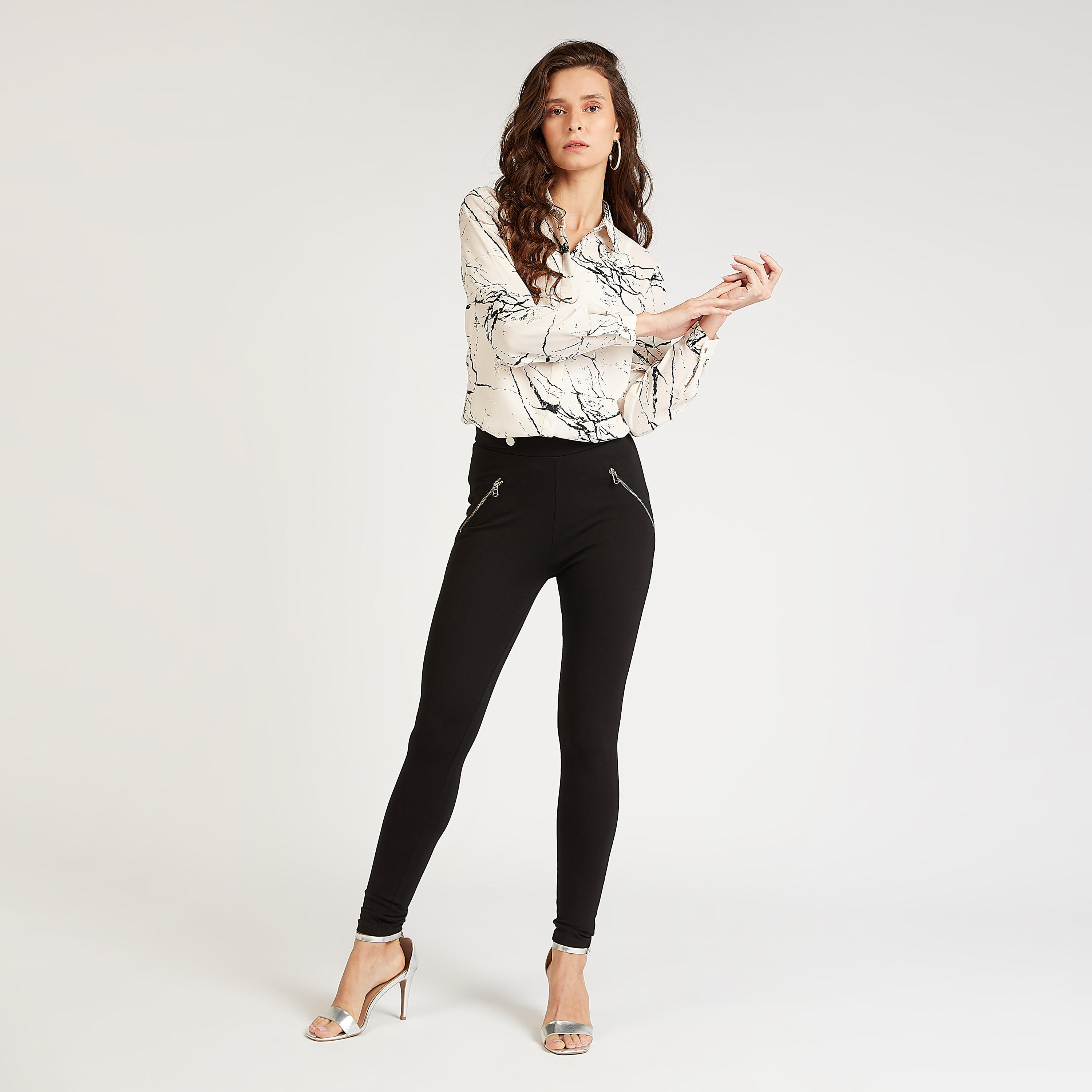 بنطلون تريقنز سكيني سادة بخصر مطاطي متوسط الارتفاع-women-clothing-bottoms-leggings-image-2