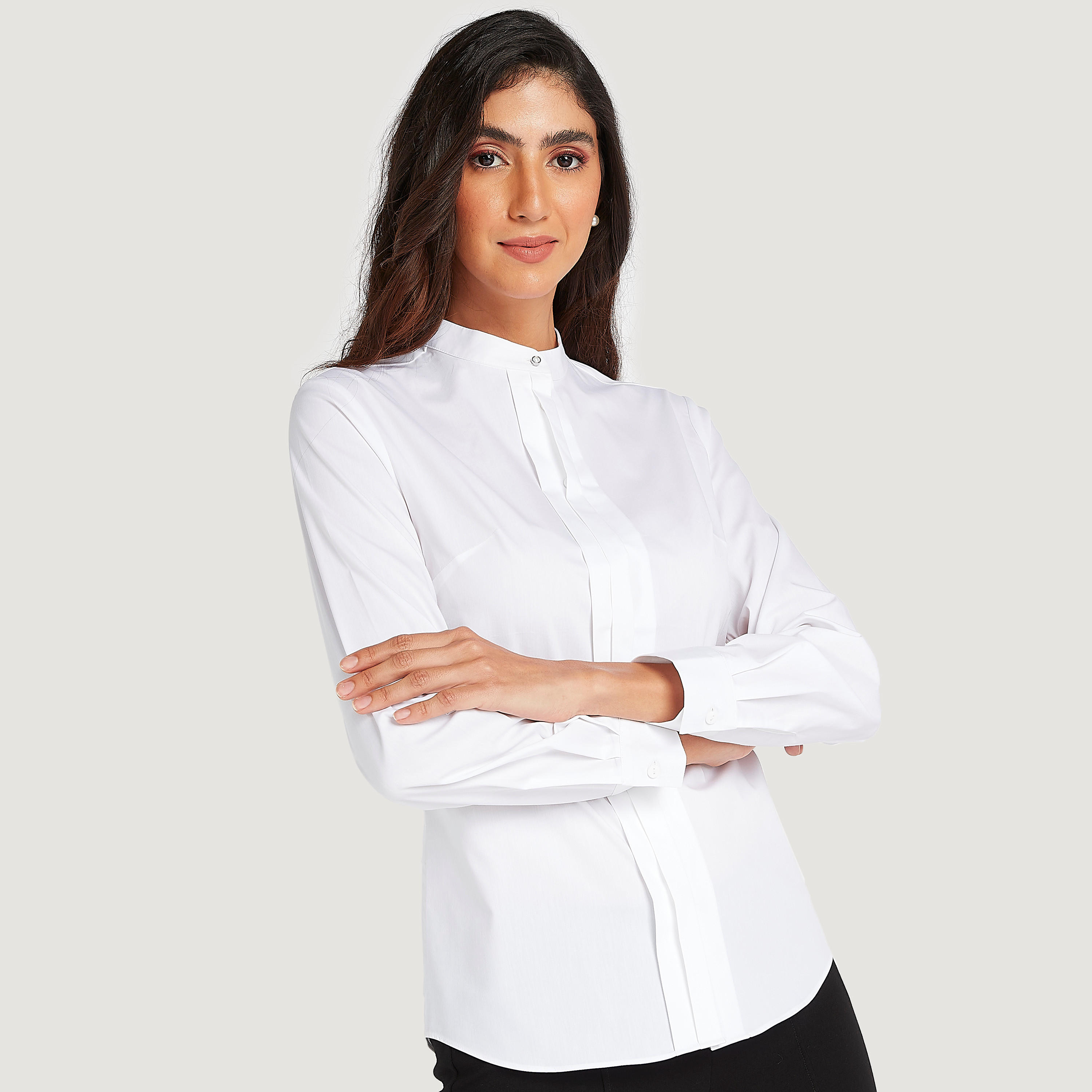 بلوزة سادة بياقة ماندارين وتفاصيل ثنايا وأكمام طويلة-women-clothing-shirtsandblouses-blouses-image-5