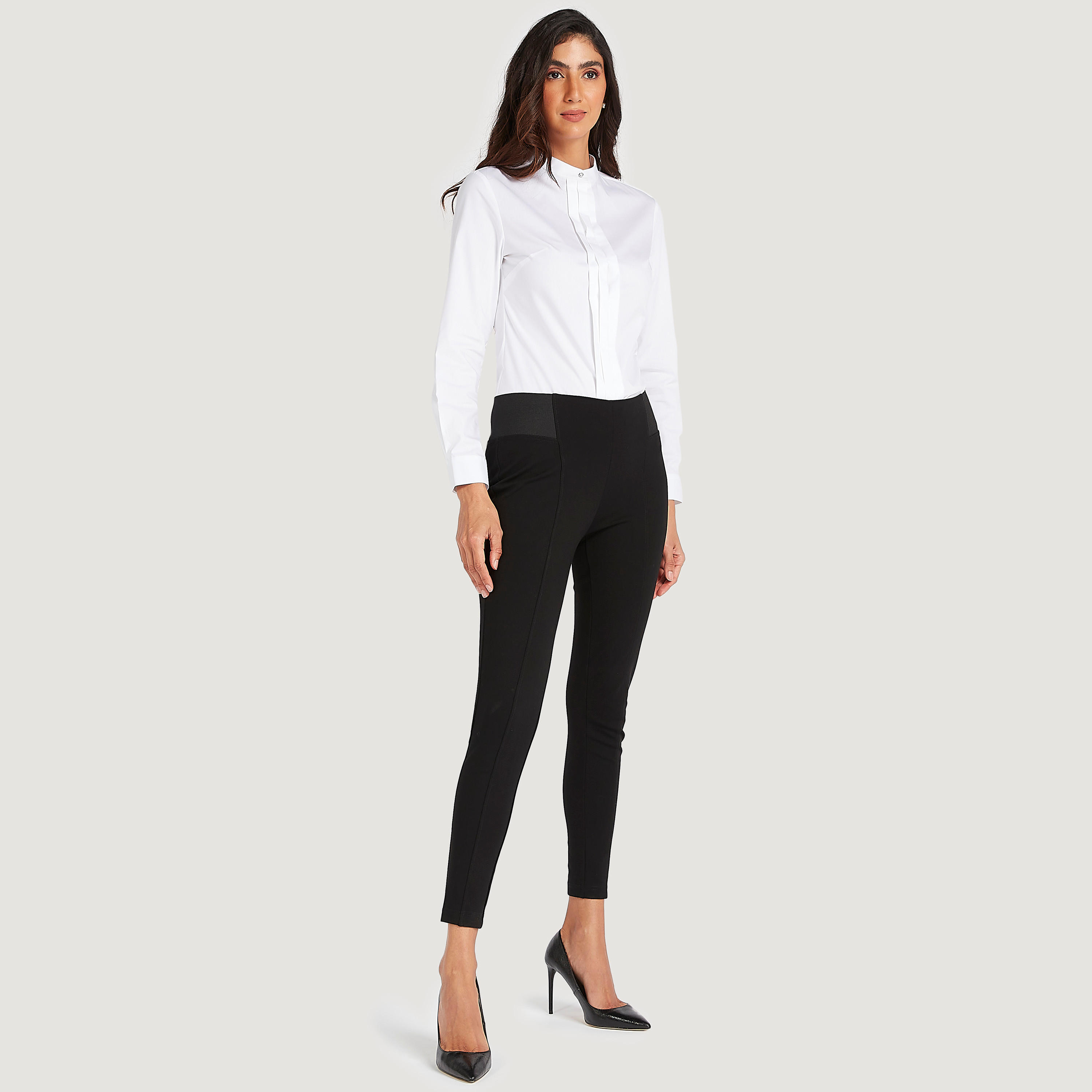 بلوزة سادة بياقة ماندارين وتفاصيل ثنايا وأكمام طويلة-women-clothing-shirtsandblouses-blouses-image-4