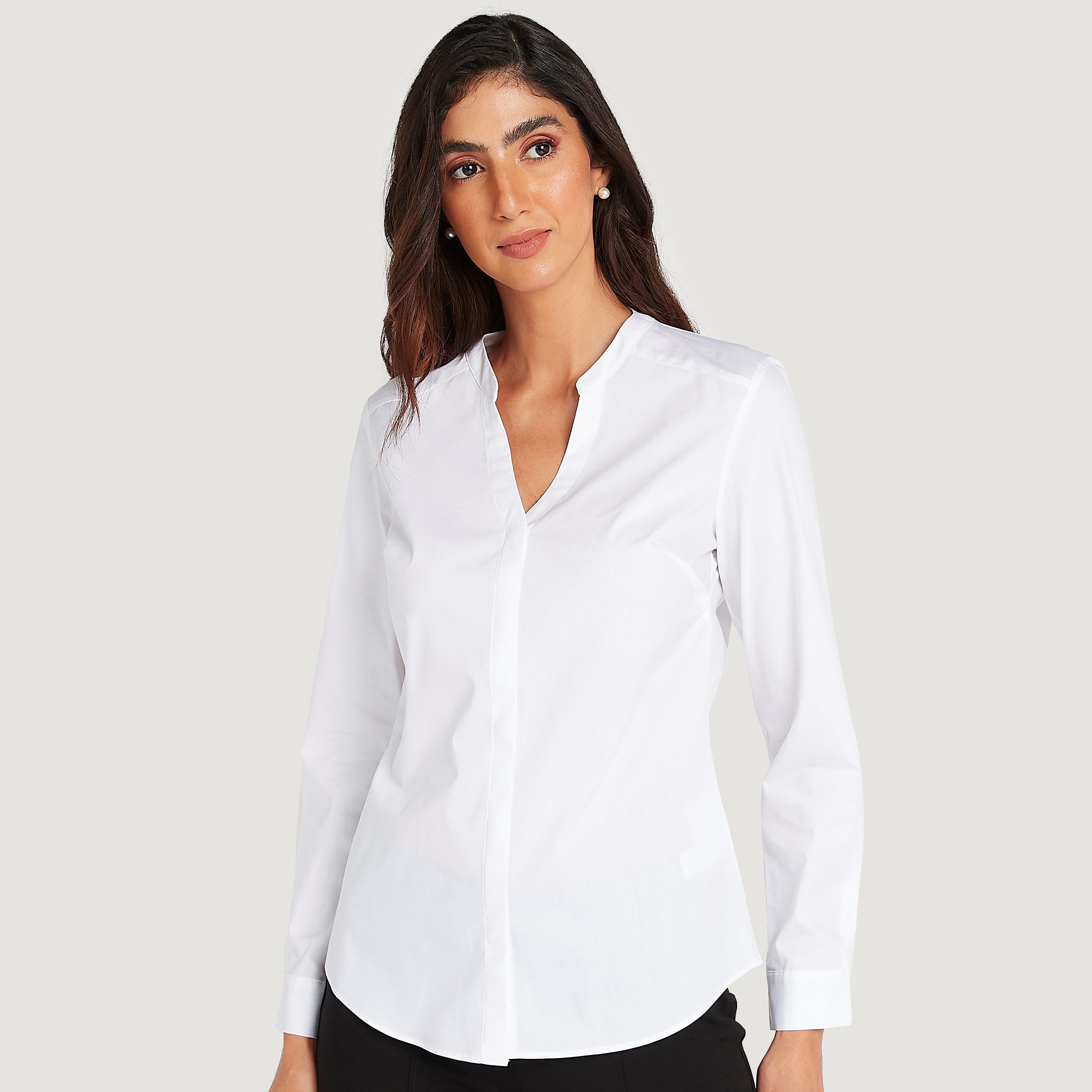 قميص سادة بياقة ماندارين وأكمام طويلة-women-clothing-shirtsandblouses-shirts-image-1