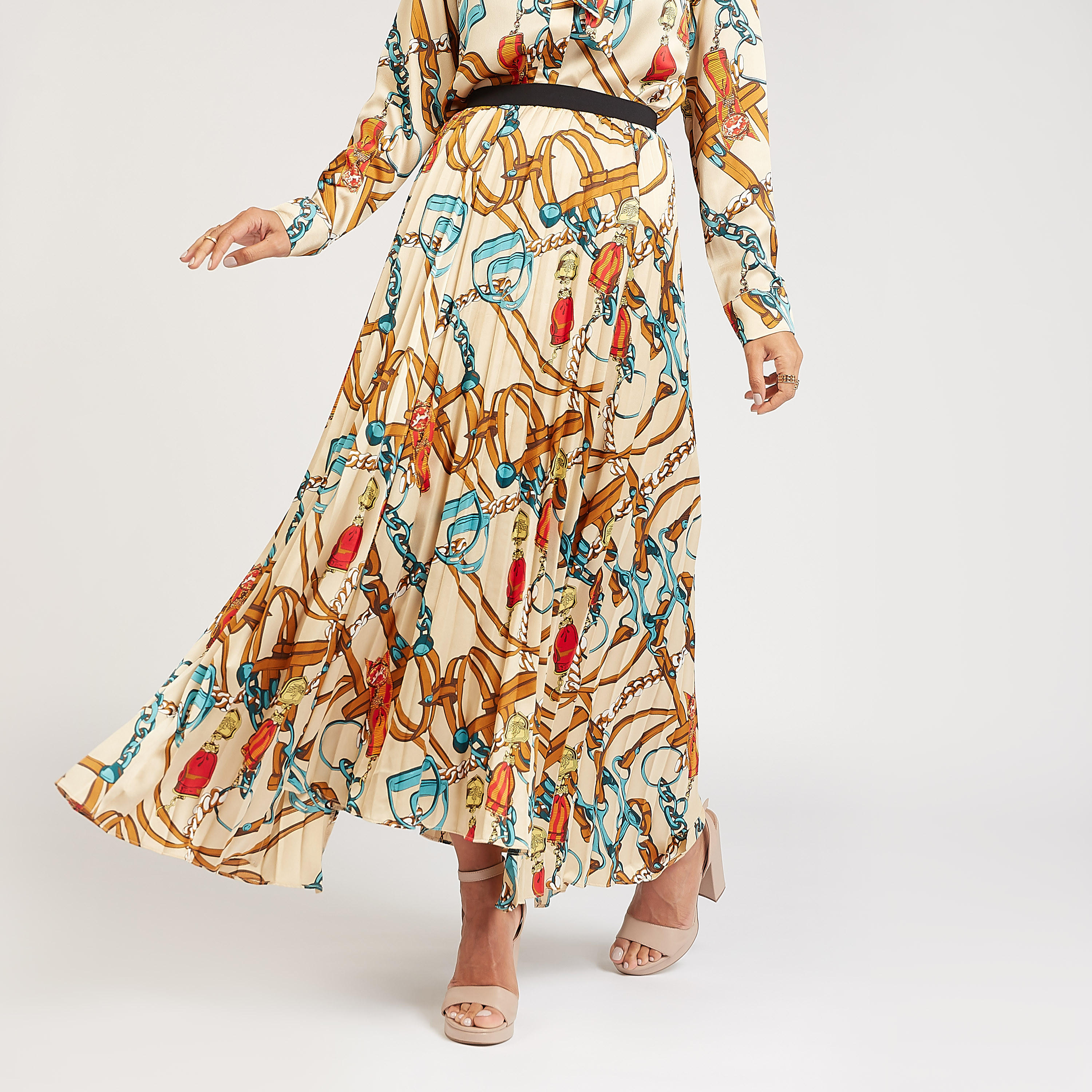 تنورة مستدامة إيه لاين طويلة بخصر مطّاطي بثنايا وطبعات-women-clothing-bottoms-skirts-image-1