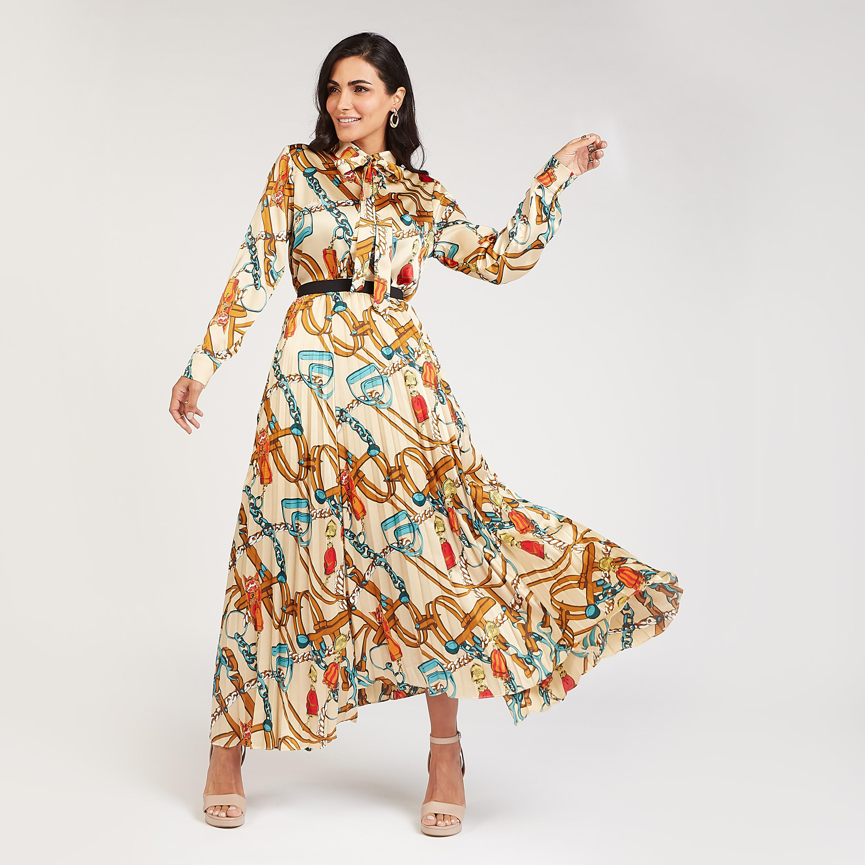تنورة مستدامة إيه لاين طويلة بخصر مطّاطي بثنايا وطبعات-women-clothing-bottoms-skirts-image-2