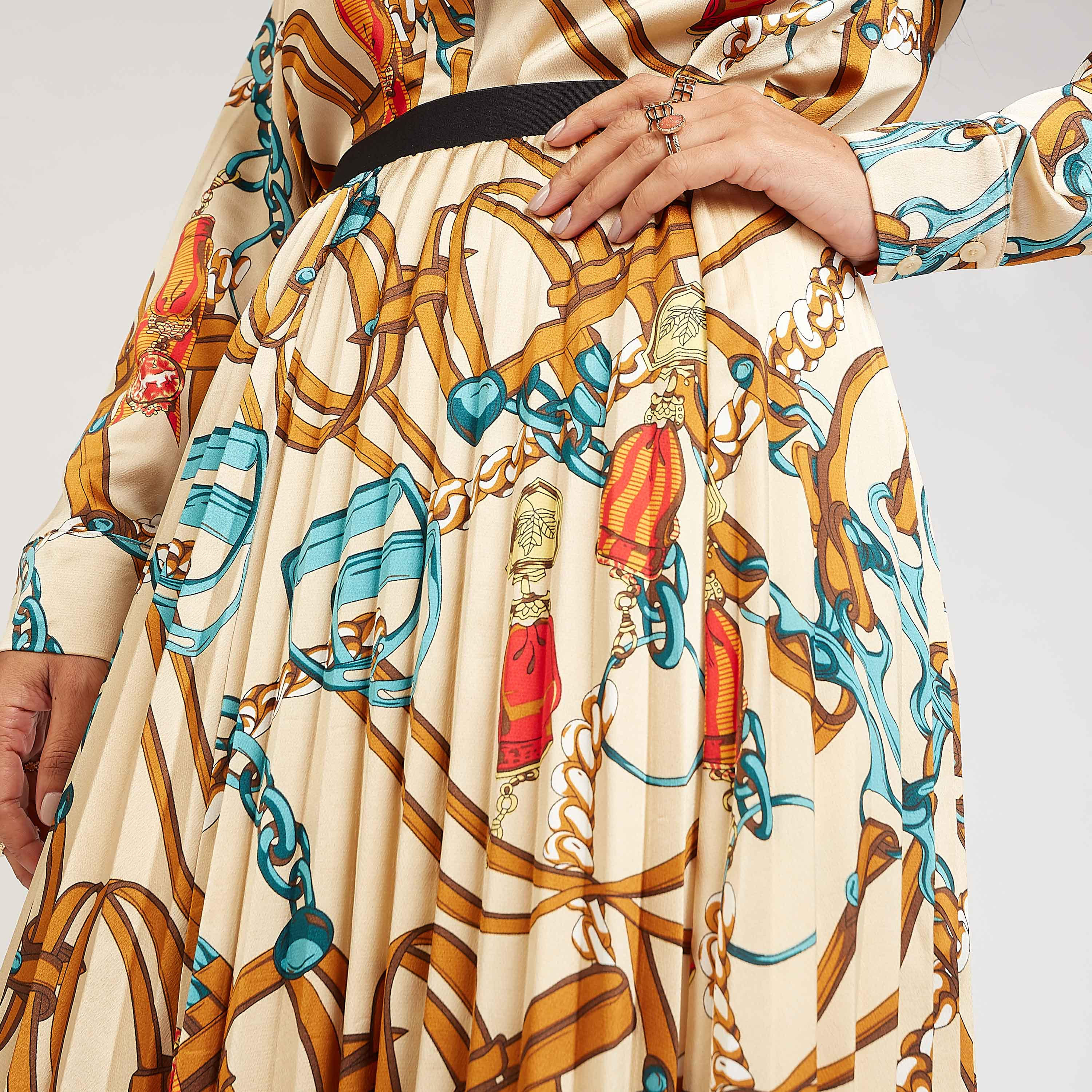 تنورة مستدامة إيه لاين طويلة بخصر مطّاطي بثنايا وطبعات-women-clothing-bottoms-skirts-image-3