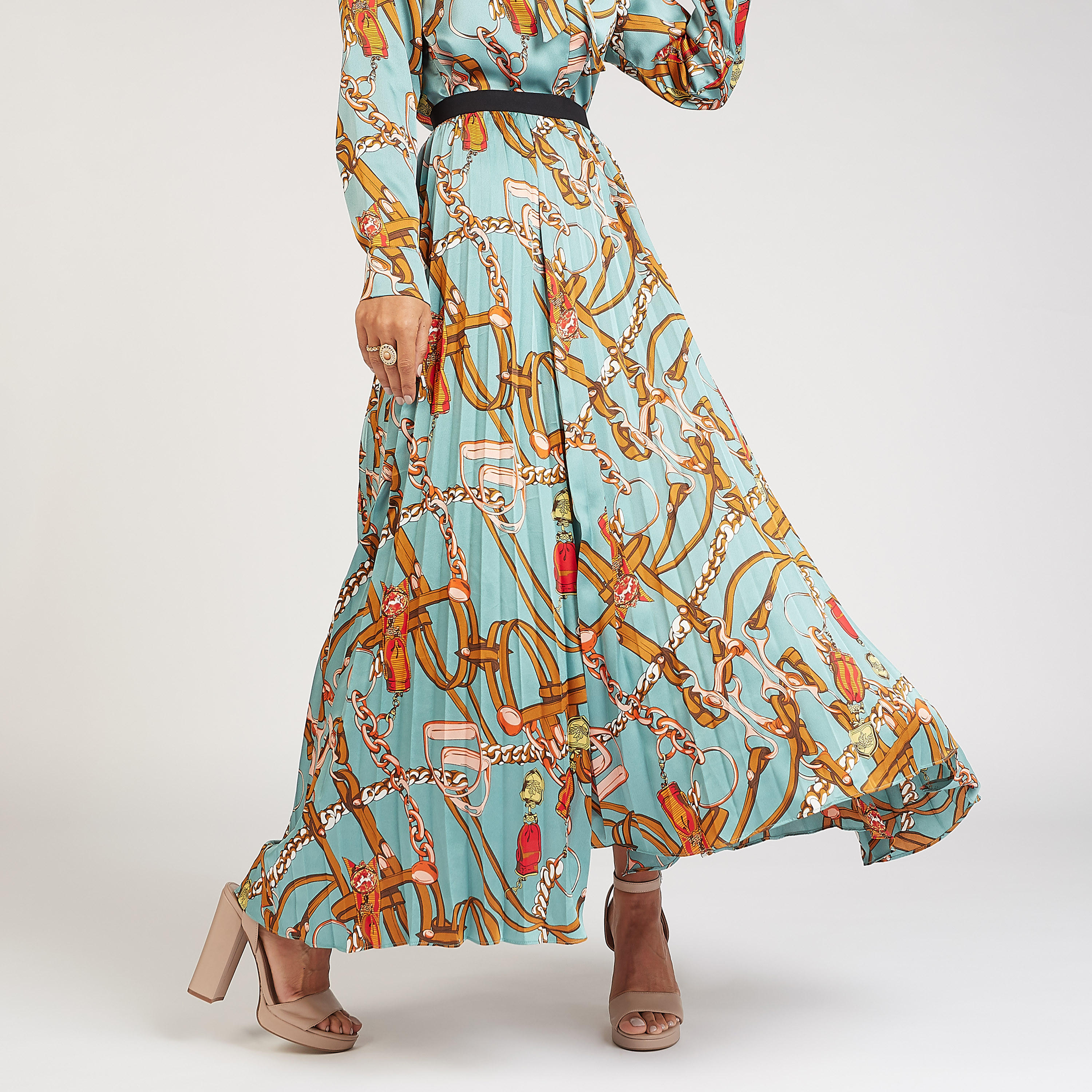 تنورة مستدامة إيه لاين طويلة بخصر مطّاطي بثنايا وطبعات-women-clothing-bottoms-skirts-image-1