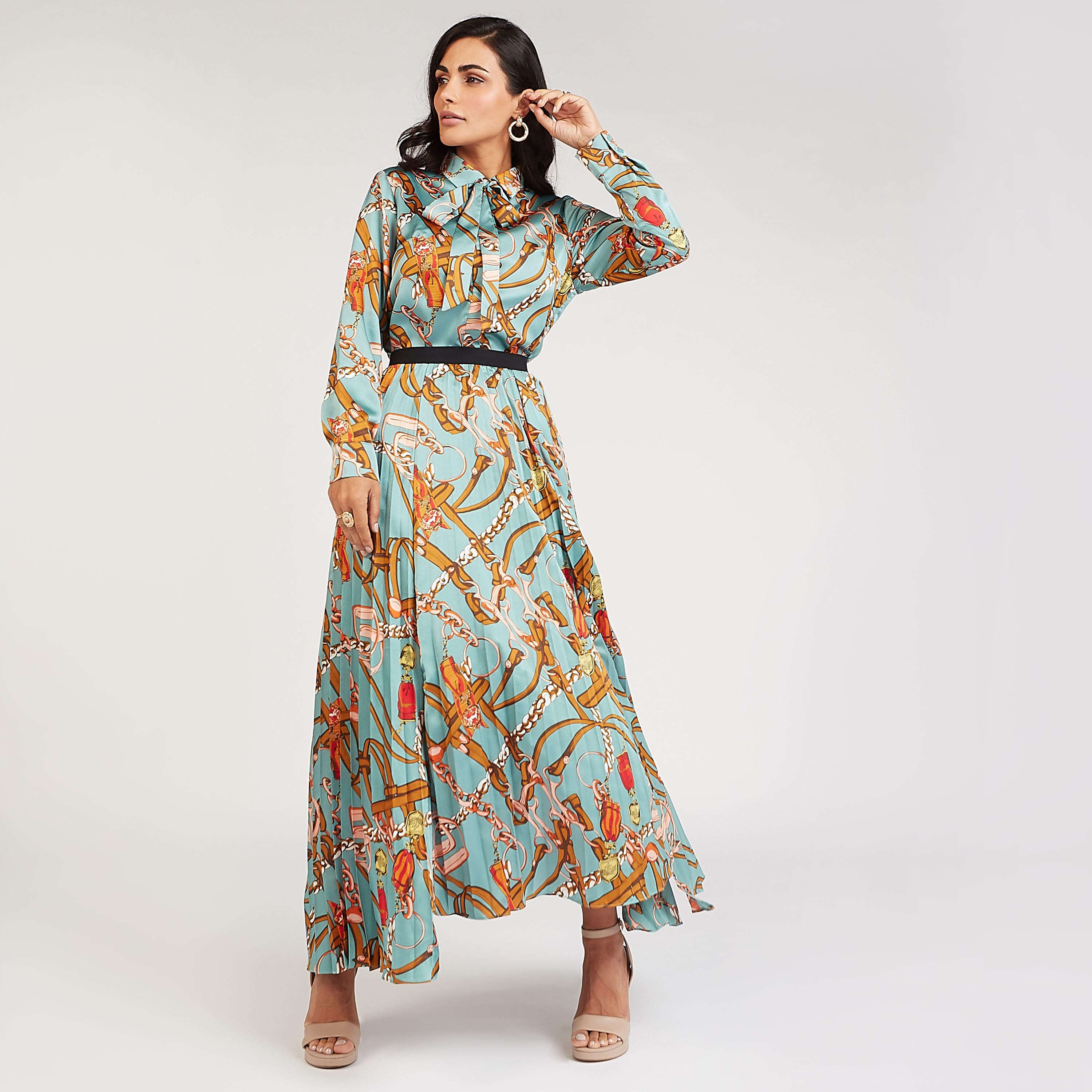 تنورة مستدامة إيه لاين طويلة بخصر مطّاطي بثنايا وطبعات-women-clothing-bottoms-skirts-image-2
