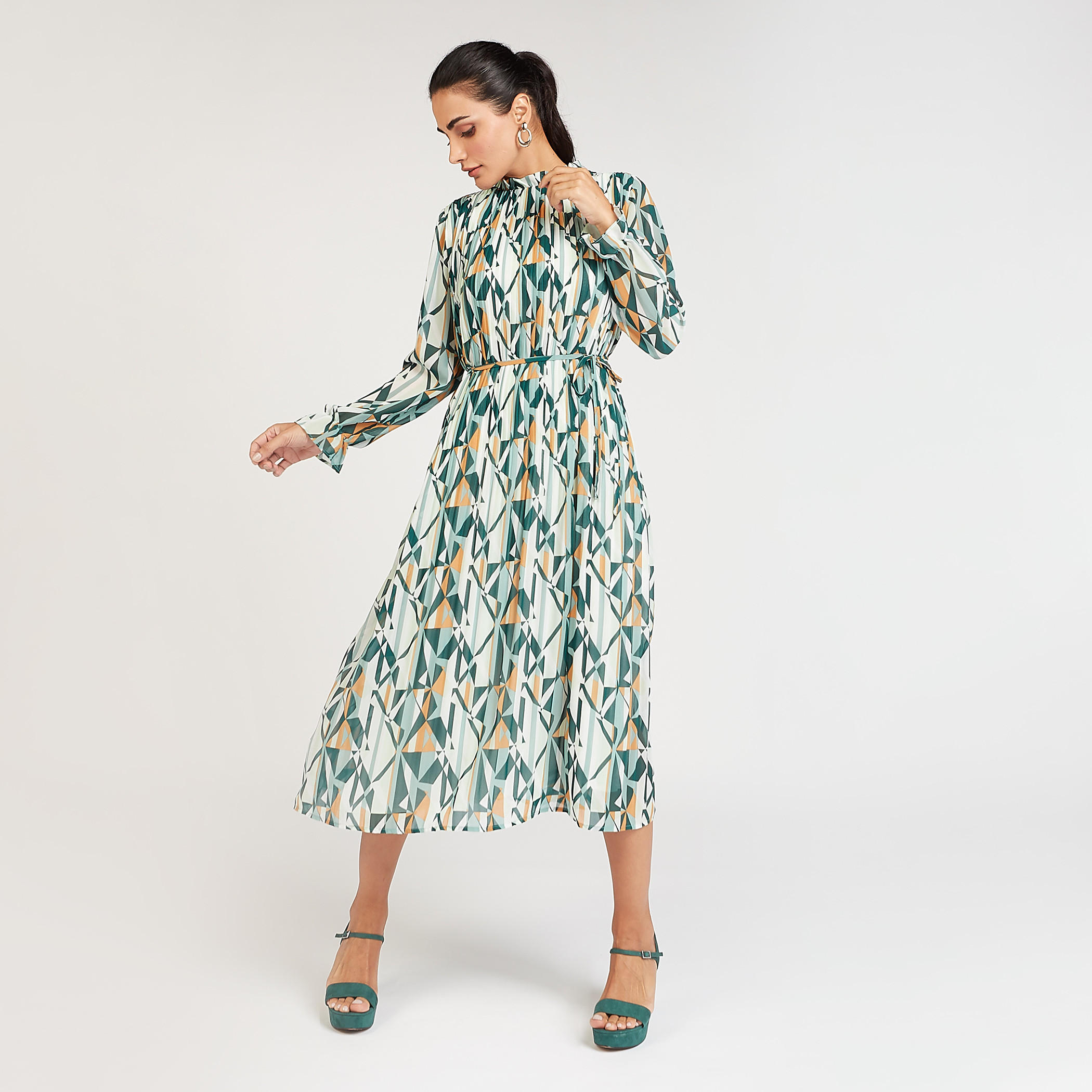 Floral Print High Neck A-line Midi Dress with Long Sleeves and Tie-Up-women-clothing-dresses-image-1