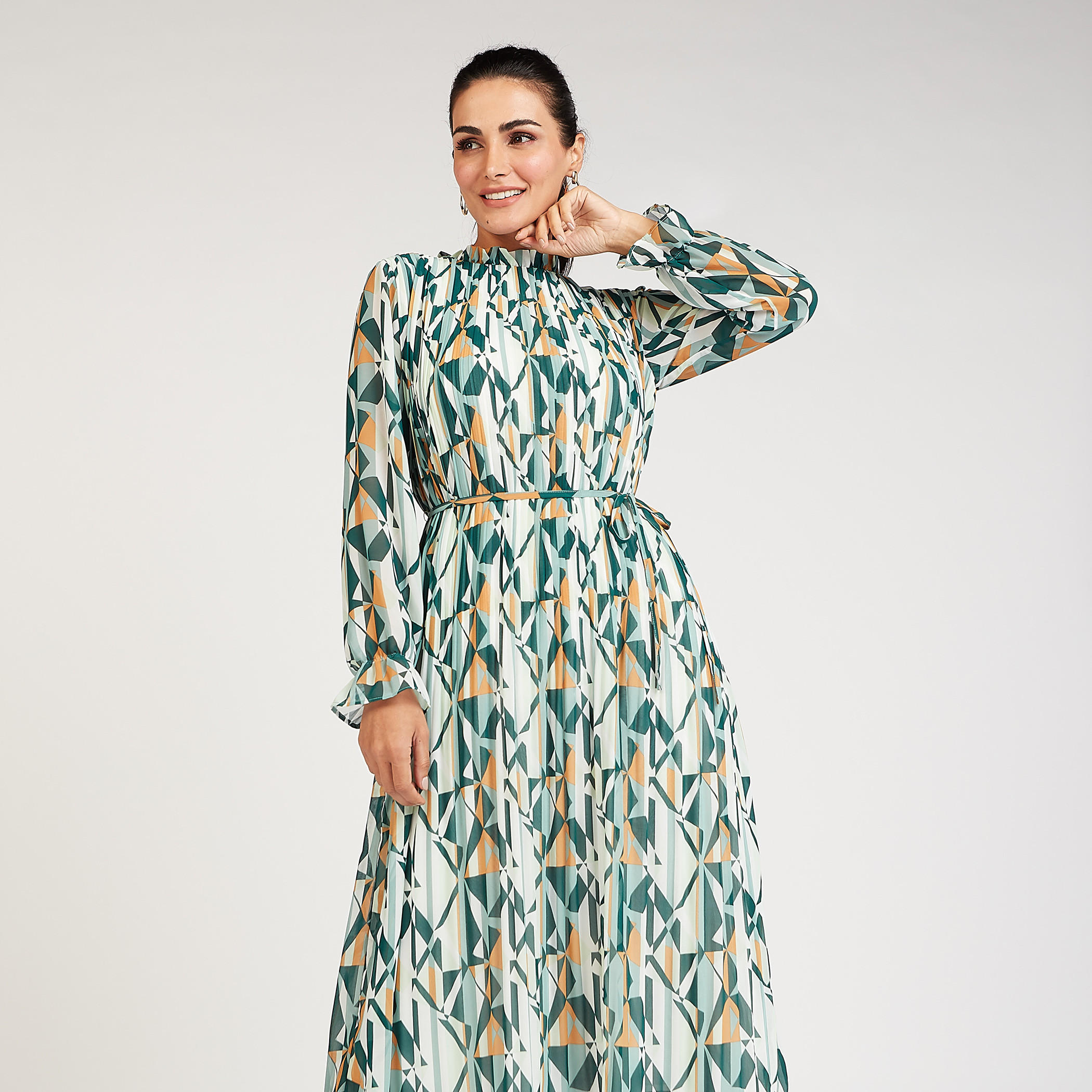 Floral Print High Neck A-line Midi Dress with Long Sleeves and Tie-Up-women-clothing-dresses-image-2