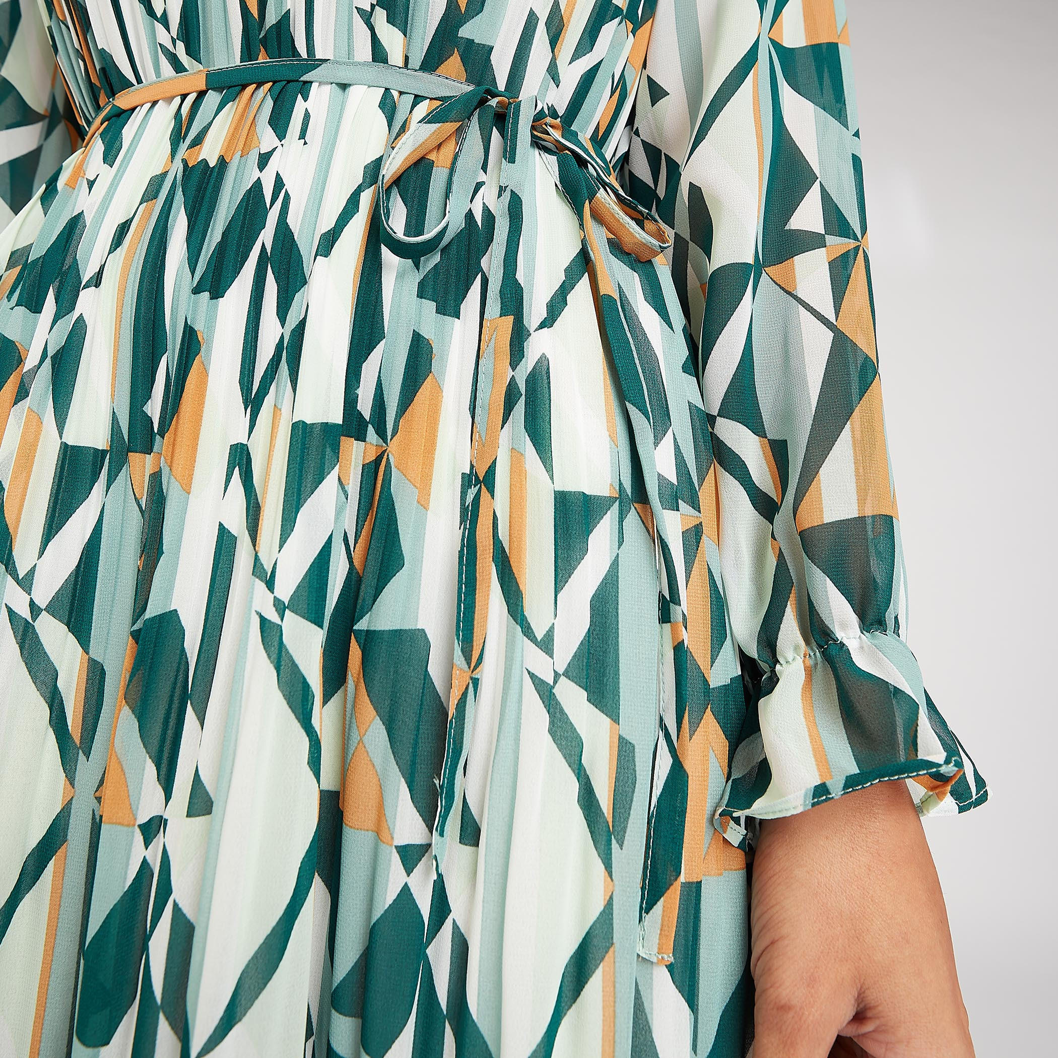 Floral Print High Neck A-line Midi Dress with Long Sleeves and Tie-Up-women-clothing-dresses-image-3