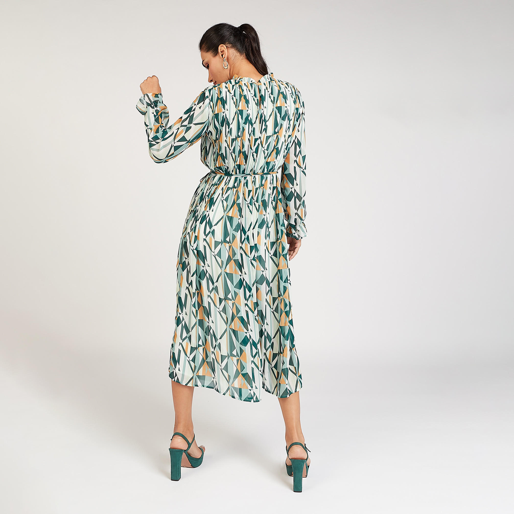 Floral Print High Neck A-line Midi Dress with Long Sleeves and Tie-Up-women-clothing-dresses-image-4