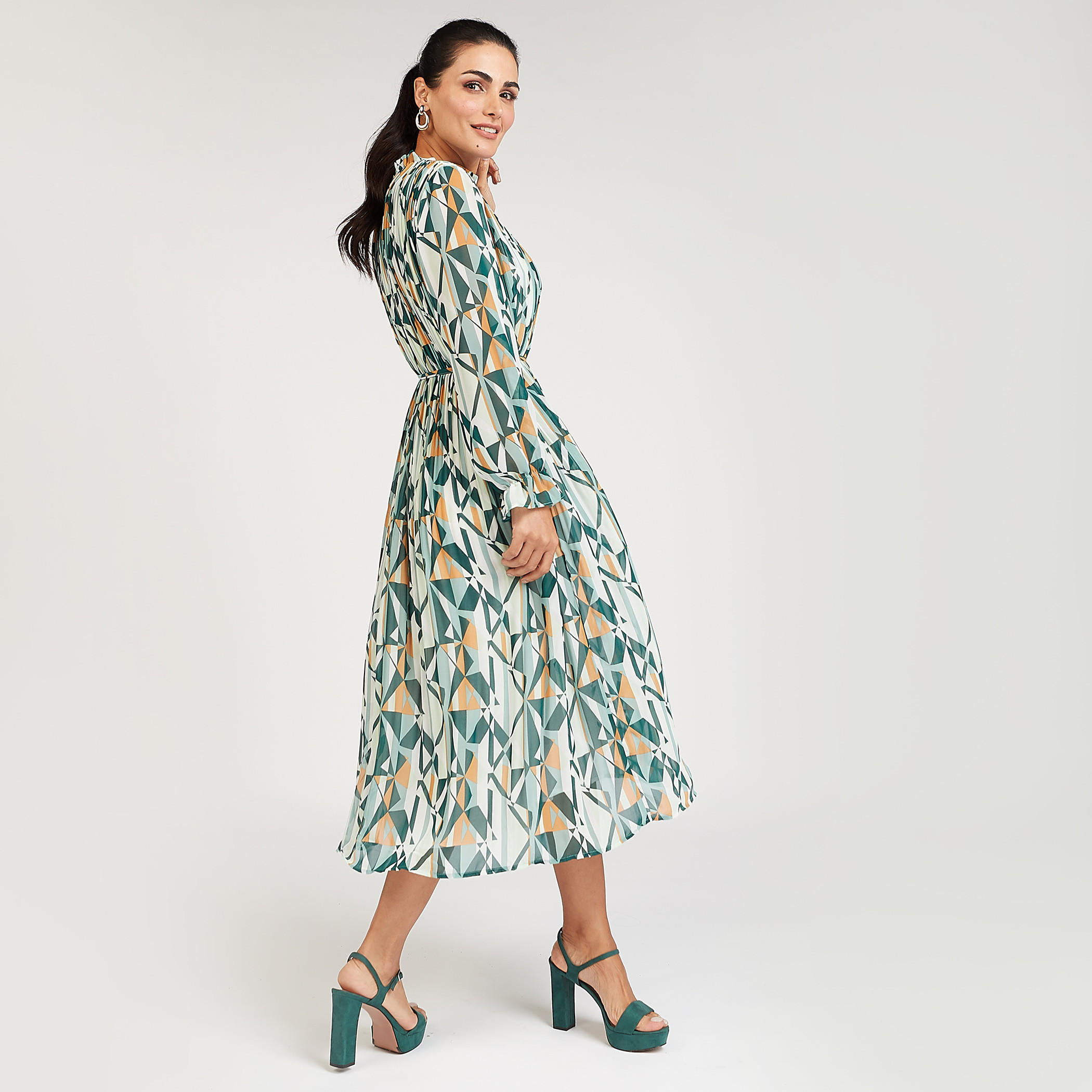 Floral Print High Neck A-line Midi Dress with Long Sleeves and Tie-Up-women-clothing-dresses-image-5