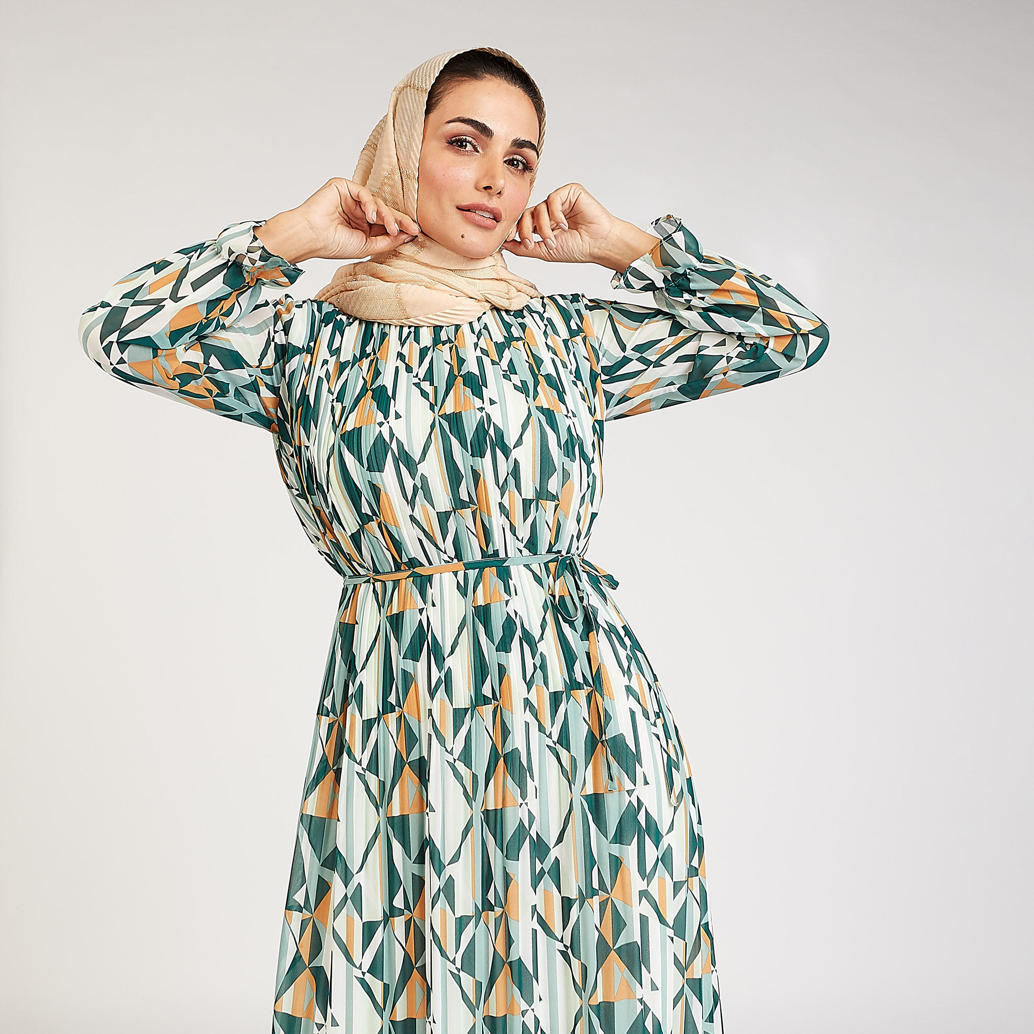 Floral Print High Neck A-line Midi Dress with Long Sleeves and Tie-Up-women-clothing-dresses-image-7