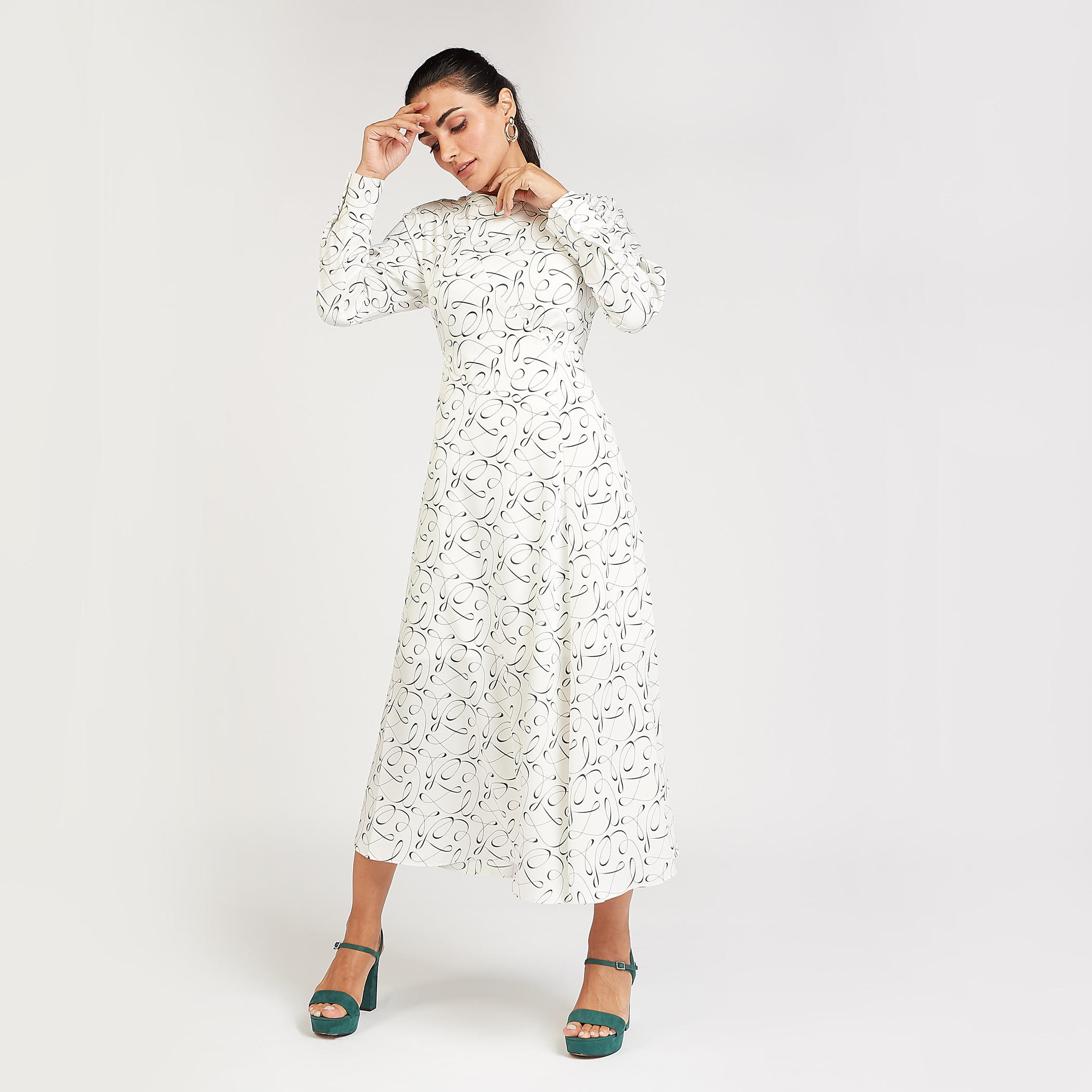 Graphic Print Crew Neck A-line Midi Dress with Long Sleeves-women-clothing-dresses-image-1