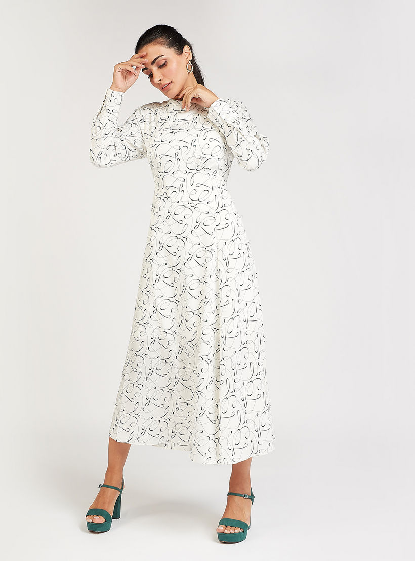 Graphic Print Crew Neck A-line Midi Dress with Long Sleeves-women-clothing-dresses-image-1