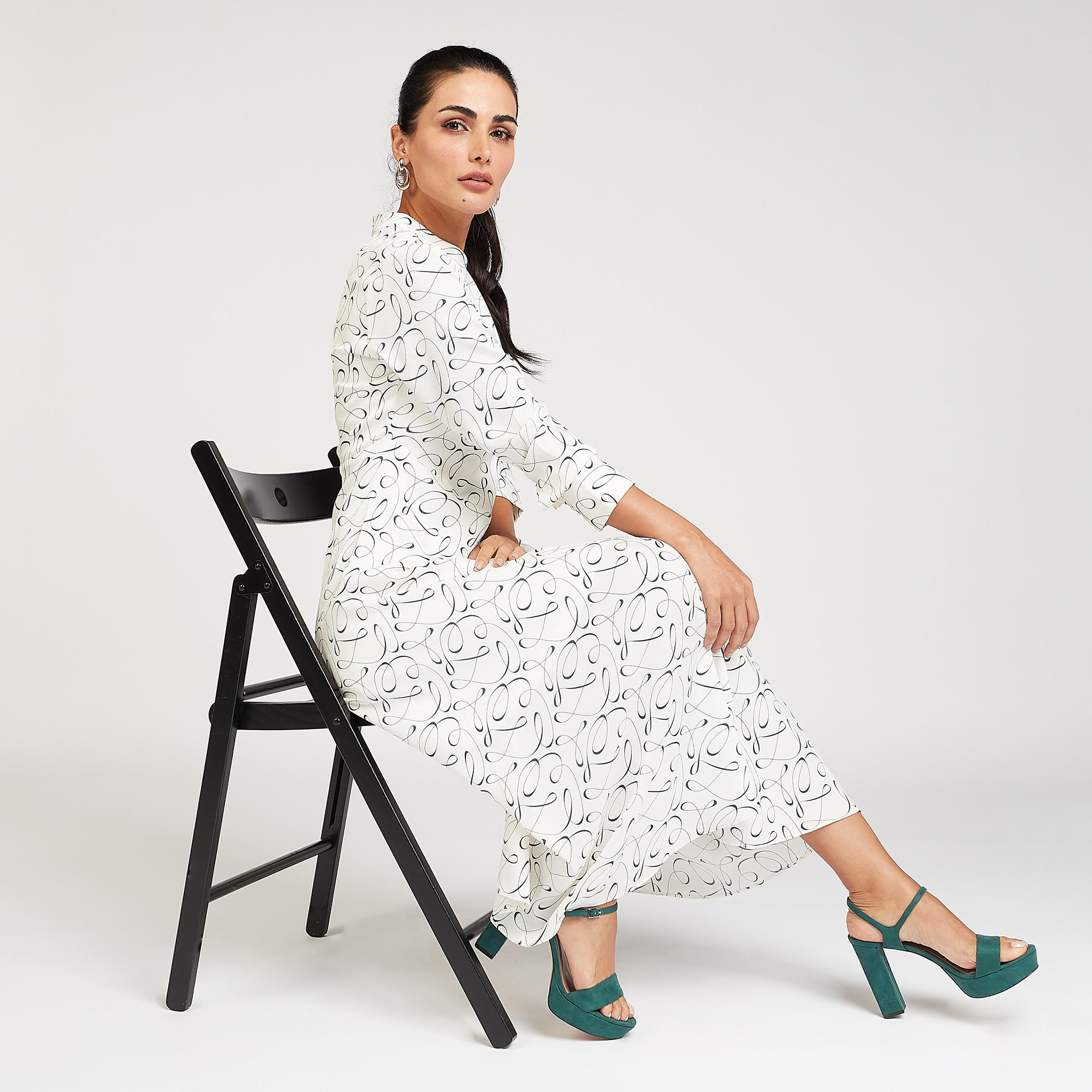 Graphic Print Crew Neck A-line Midi Dress with Long Sleeves-women-clothing-dresses-image-2