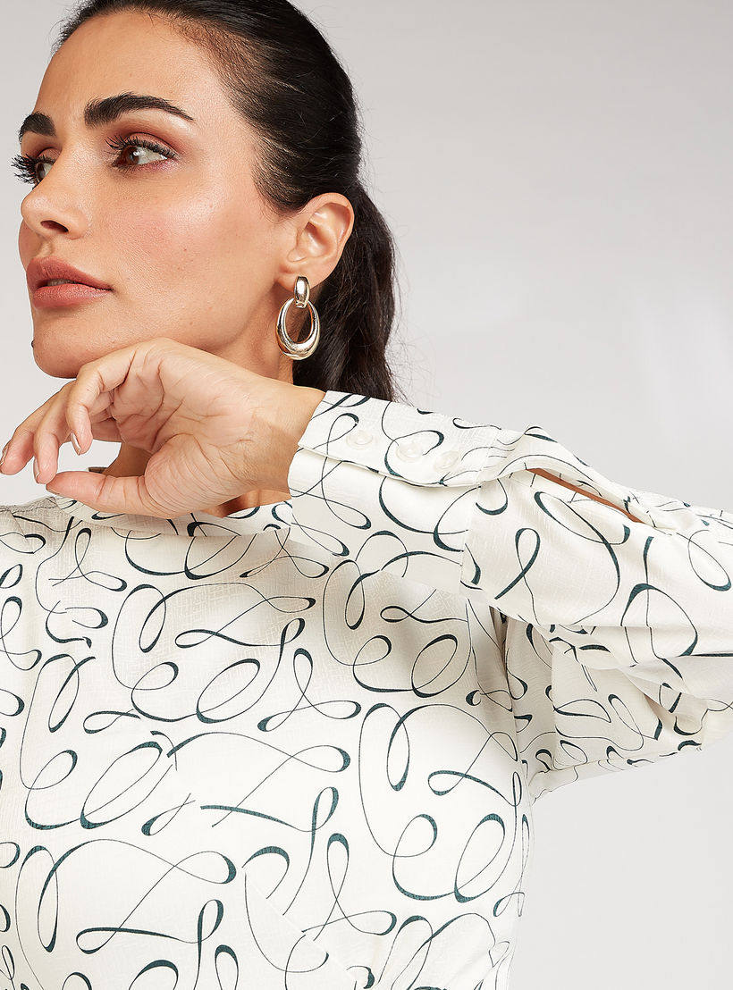 Graphic Print Crew Neck A-line Midi Dress with Long Sleeves-women-clothing-dresses-image-3