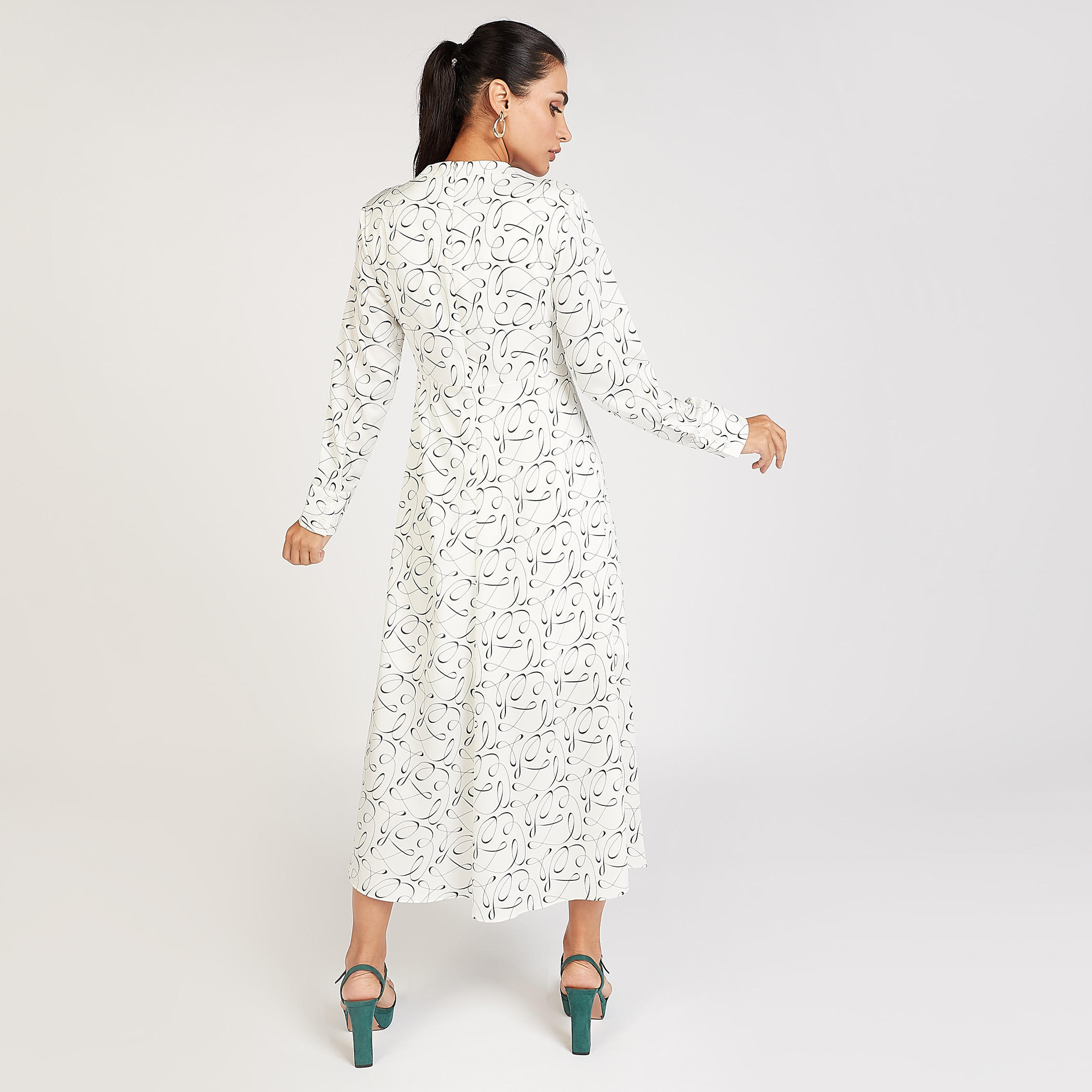 Graphic Print Crew Neck A-line Midi Dress with Long Sleeves-women-clothing-dresses-image-4