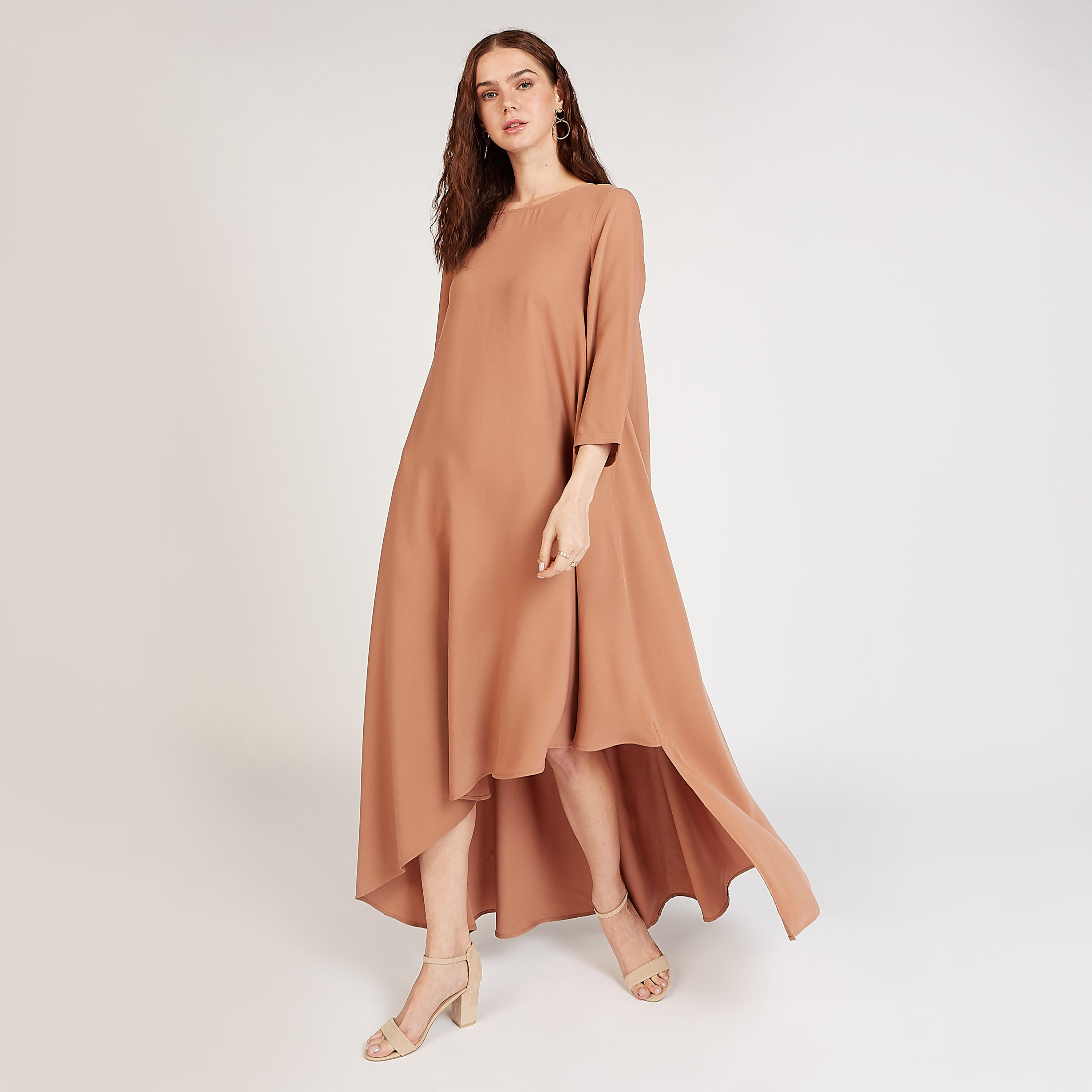 Sustainable Solid Asymmetric Dress with Round Neck and 3/4 Sleeves-women-clothing-dresses-image-1