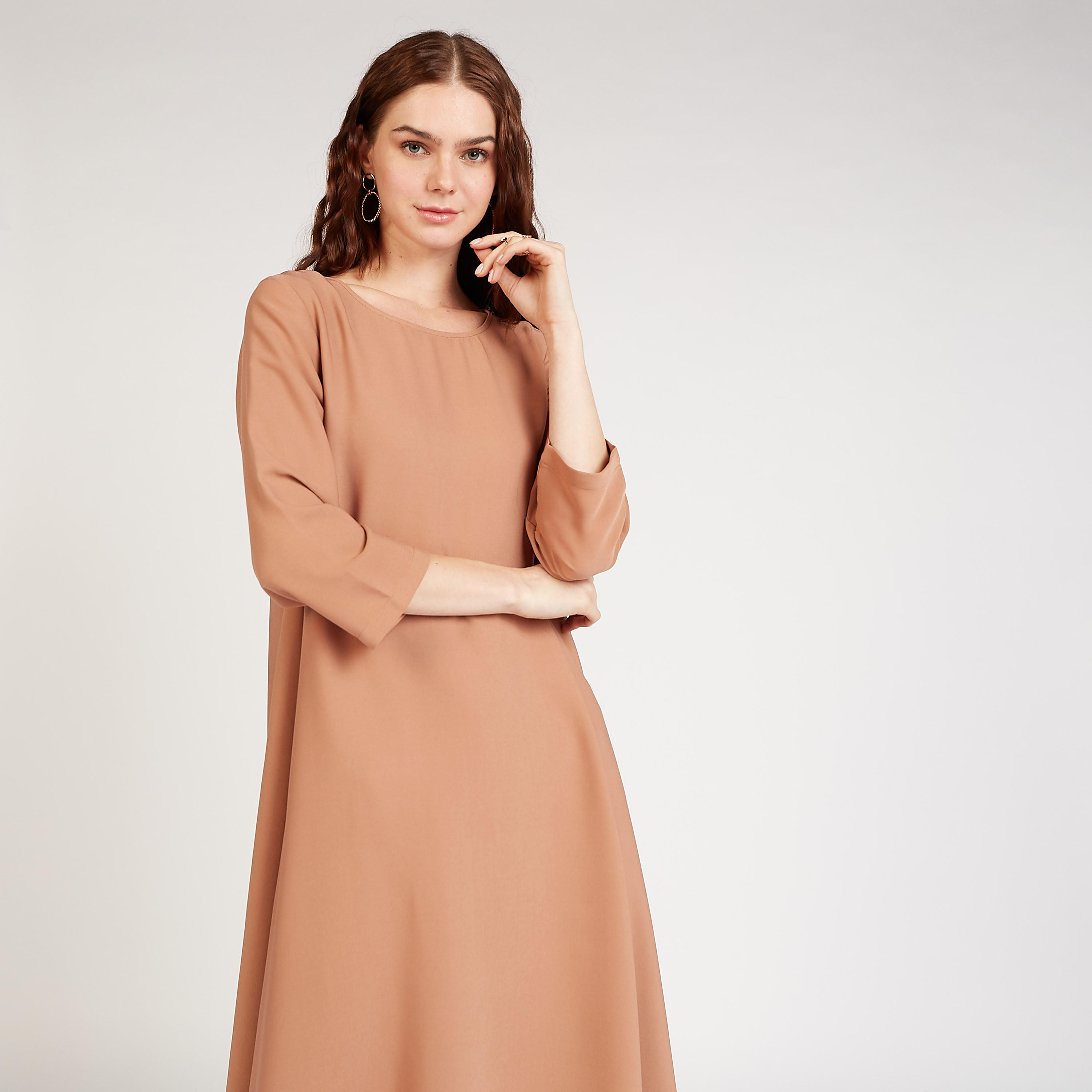Sustainable Solid Asymmetric Dress with Round Neck and 3/4 Sleeves-women-clothing-dresses-image-2