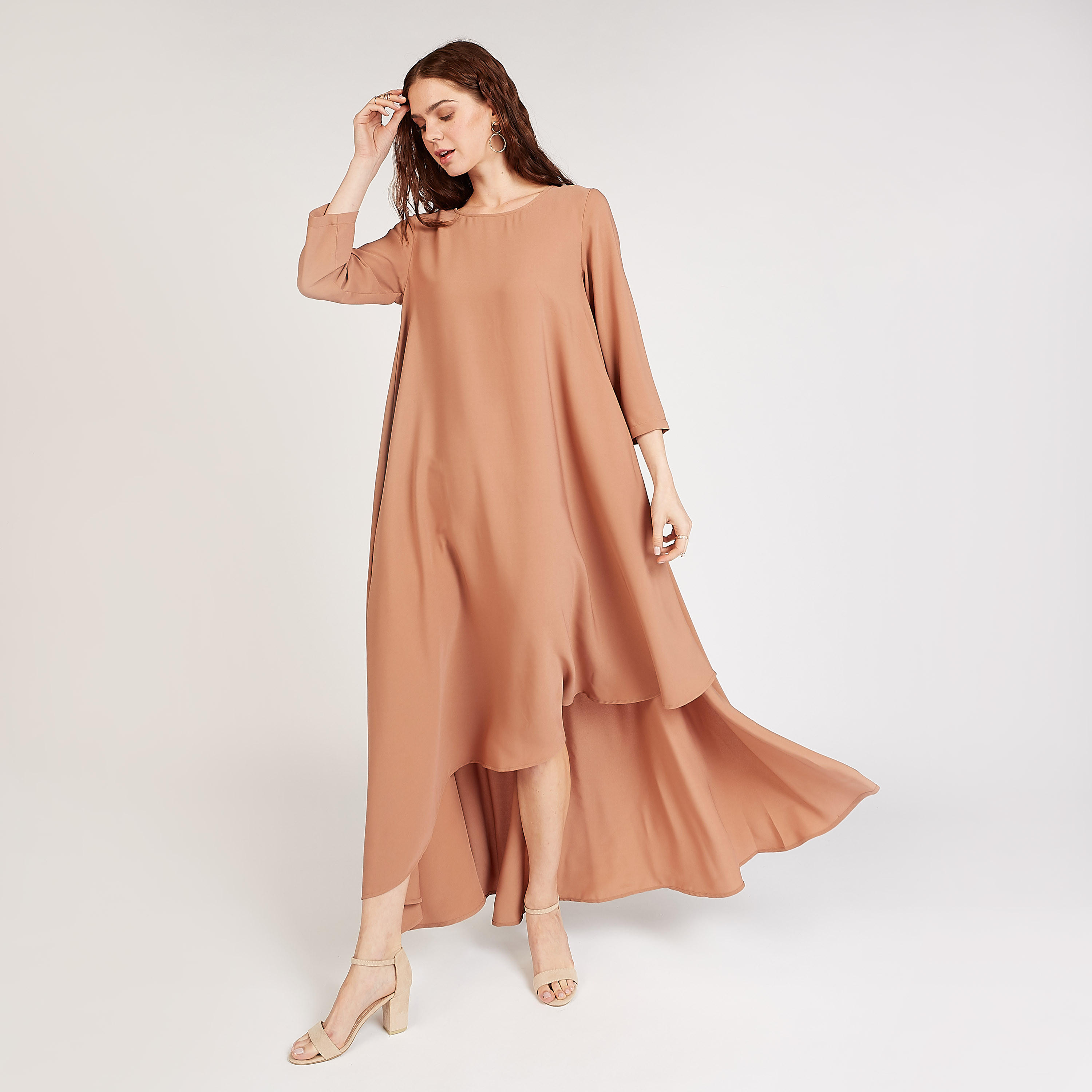 Sustainable Solid Asymmetric Dress with Round Neck and 3/4 Sleeves-women-clothing-dresses-image-5