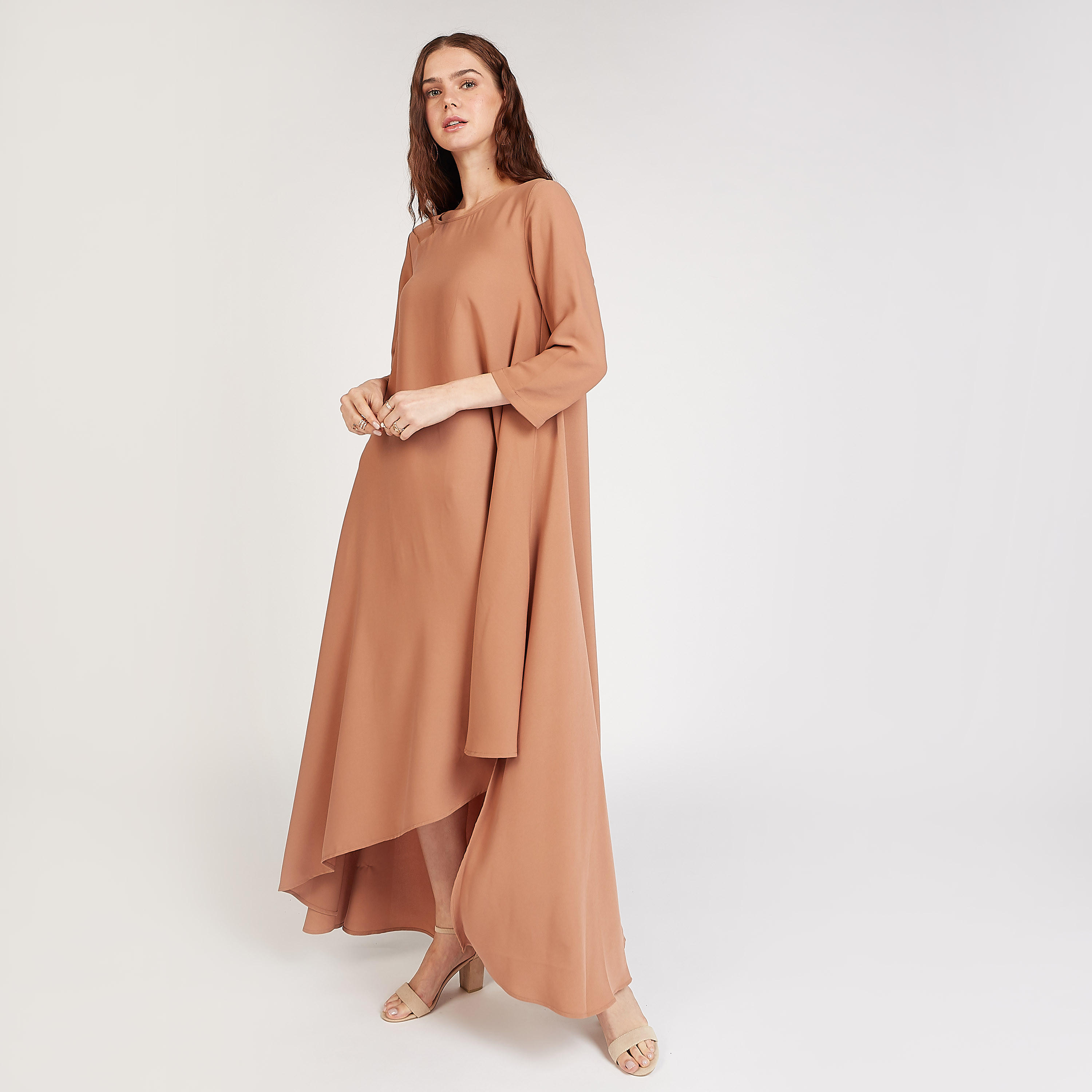 Sustainable Solid Asymmetric Dress with Round Neck and 3/4 Sleeves-women-clothing-dresses-image-6