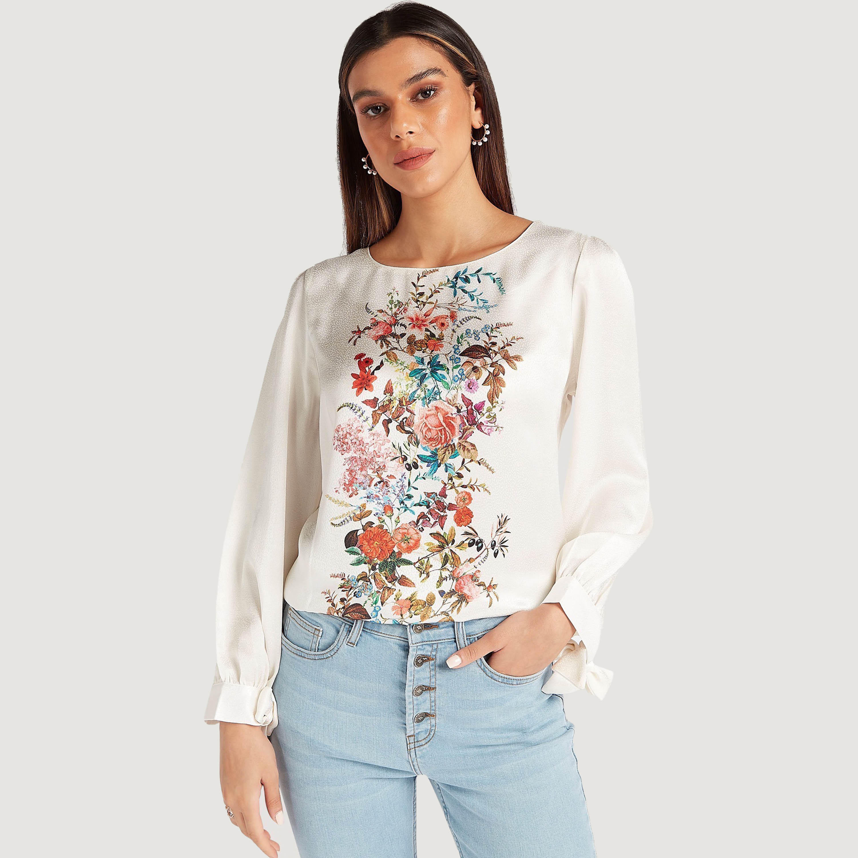 بلوزة بياقة مستديرة وأكمام طويلة وطبعات أزهار-women-clothing-shirtsandblouses-blouses-image-1