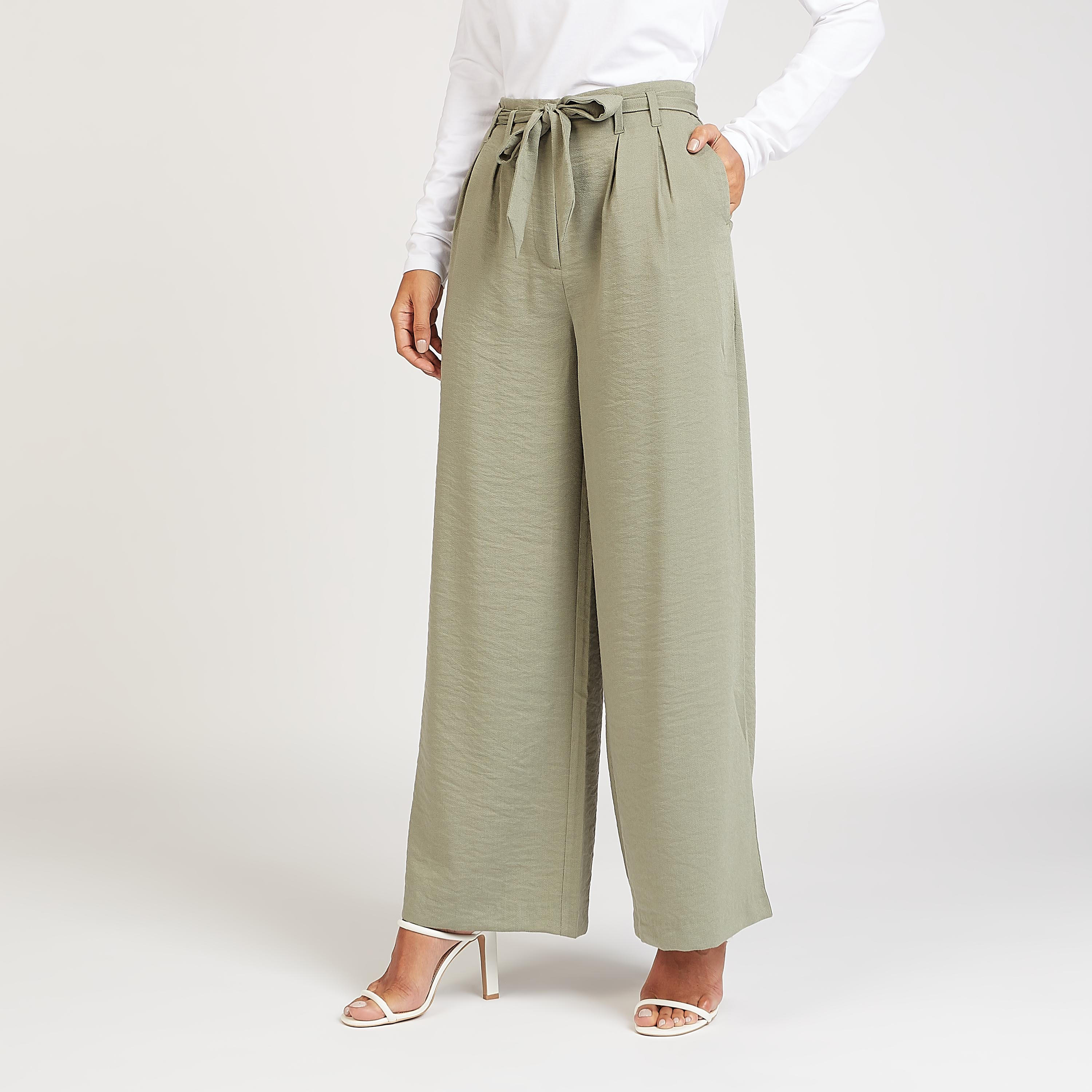 بنطلون مستدام بالازو بارز الملمس بقصة واسعة وخصر متوسط الإرتفاع وأربطة-women-clothing-bottoms-trousers-image-1