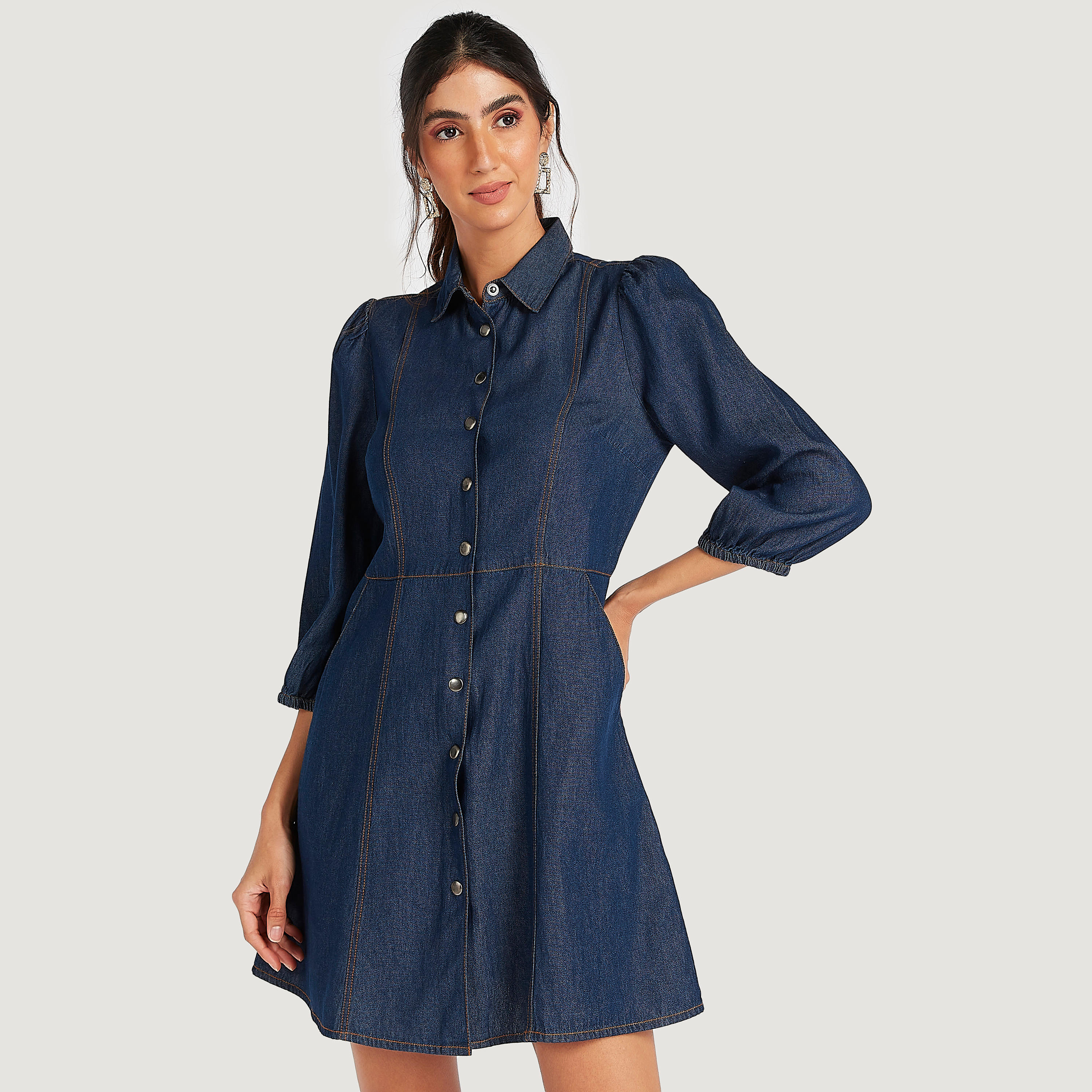 فستان منسدل قصير بياقة عادية وأكمام 3/4-women-clothing-dresses-image-1