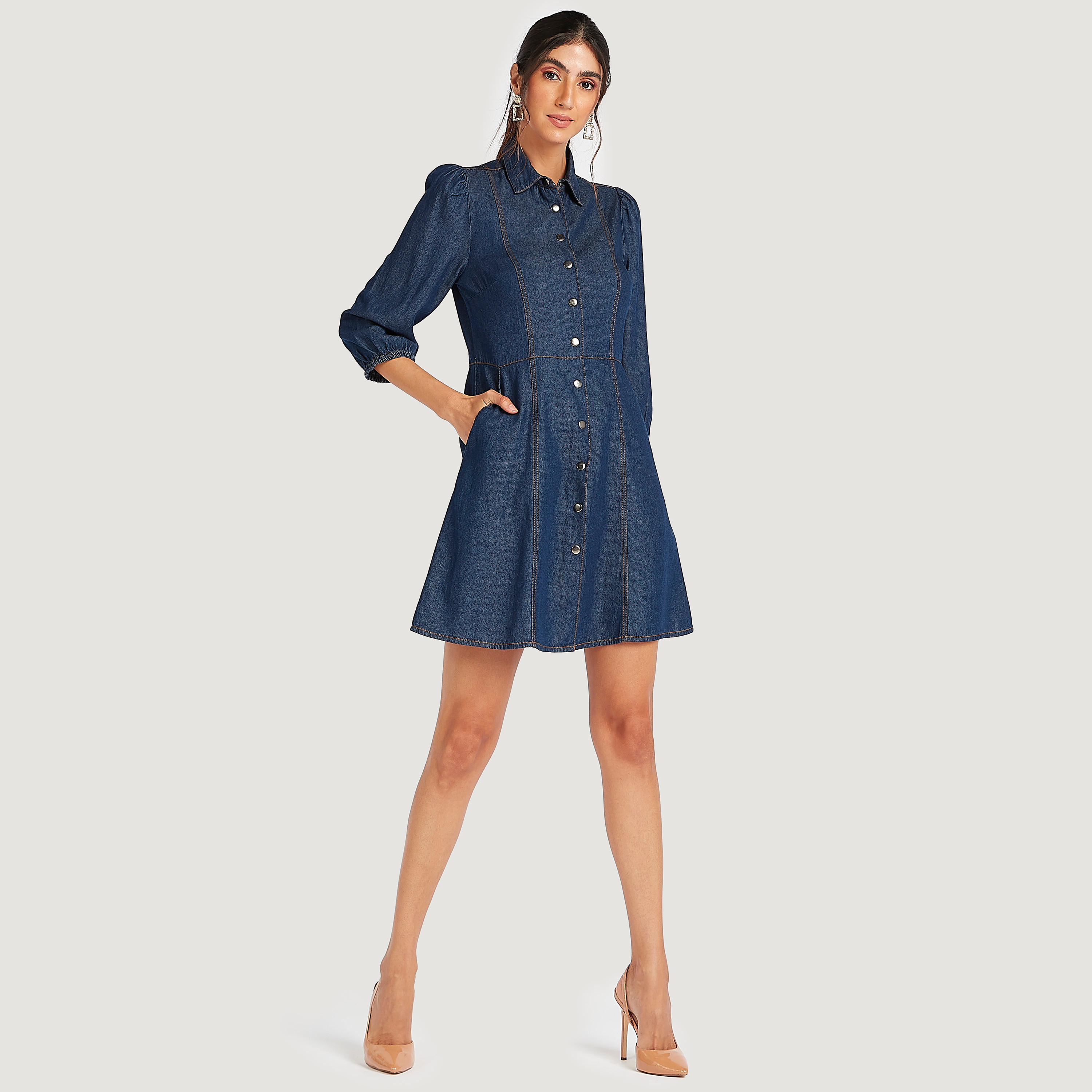 فستان منسدل قصير بياقة عادية وأكمام 3/4-women-clothing-dresses-image-2