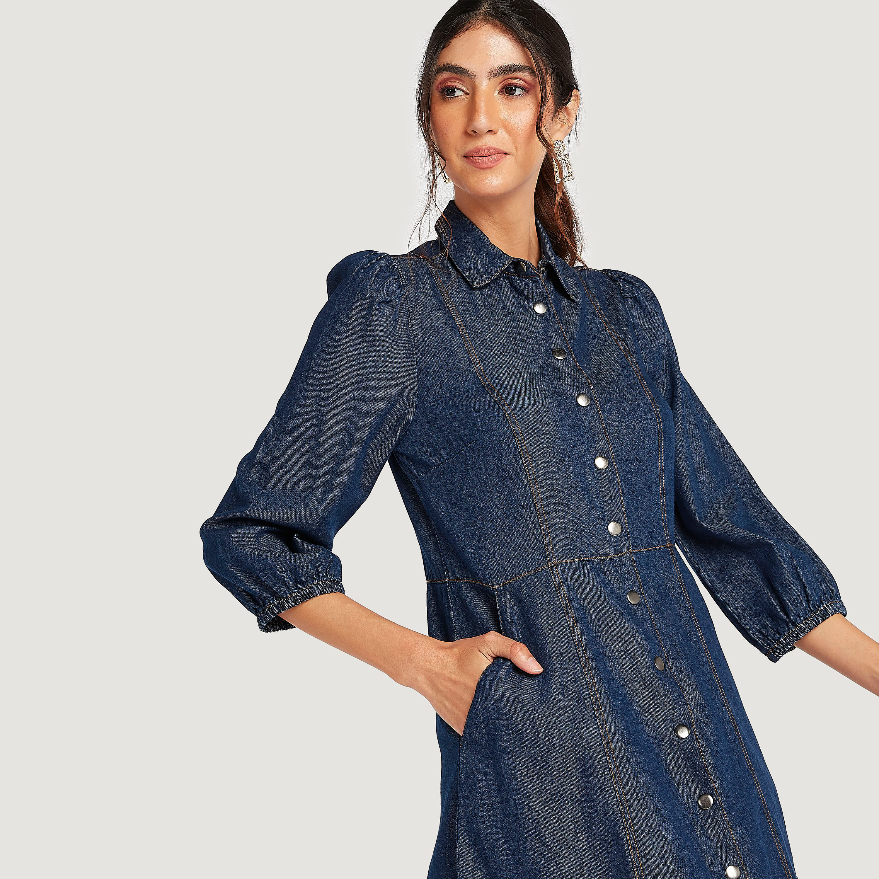 فستان منسدل قصير بياقة عادية وأكمام 3/4-women-clothing-dresses-image-3