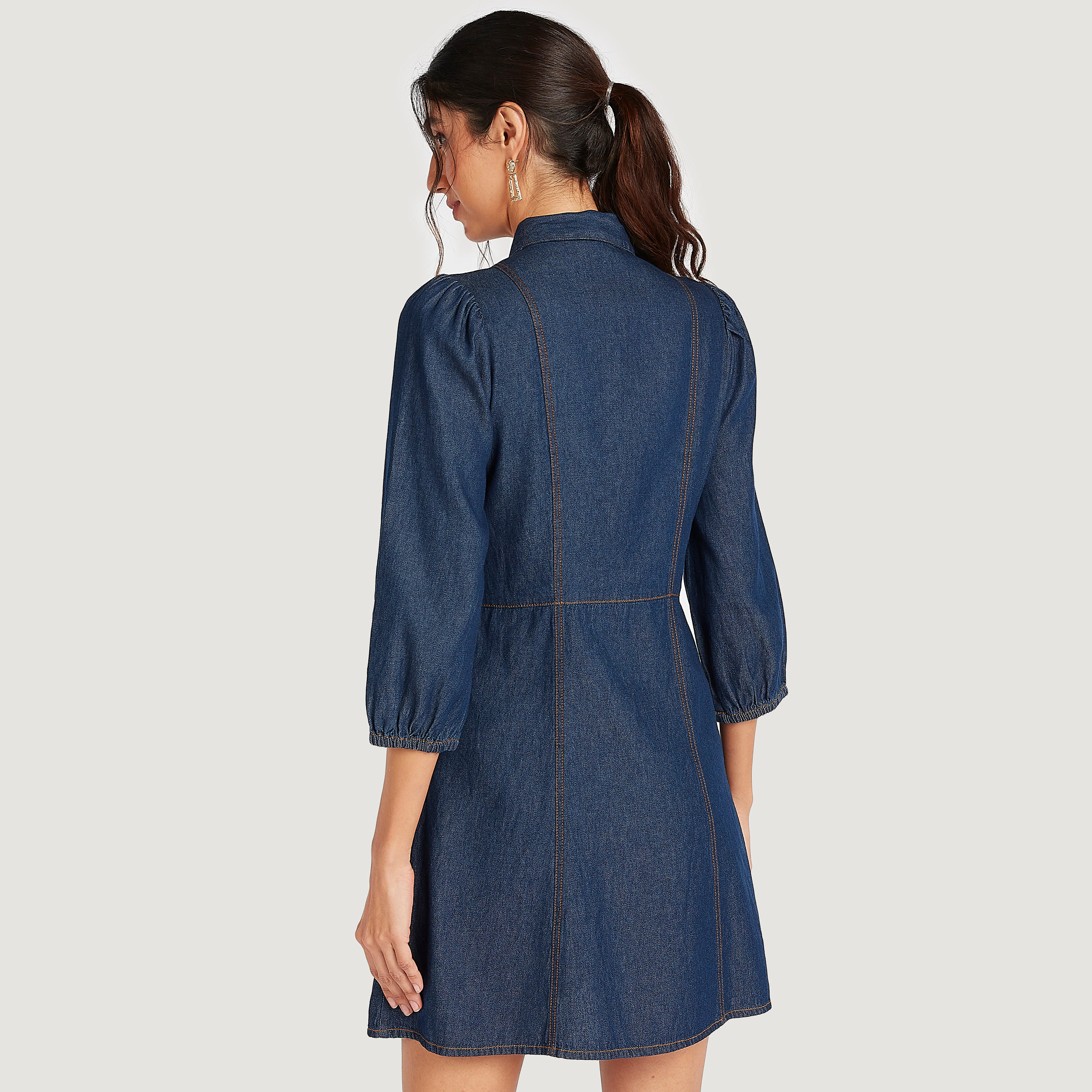 فستان منسدل قصير بياقة عادية وأكمام 3/4-women-clothing-dresses-image-4