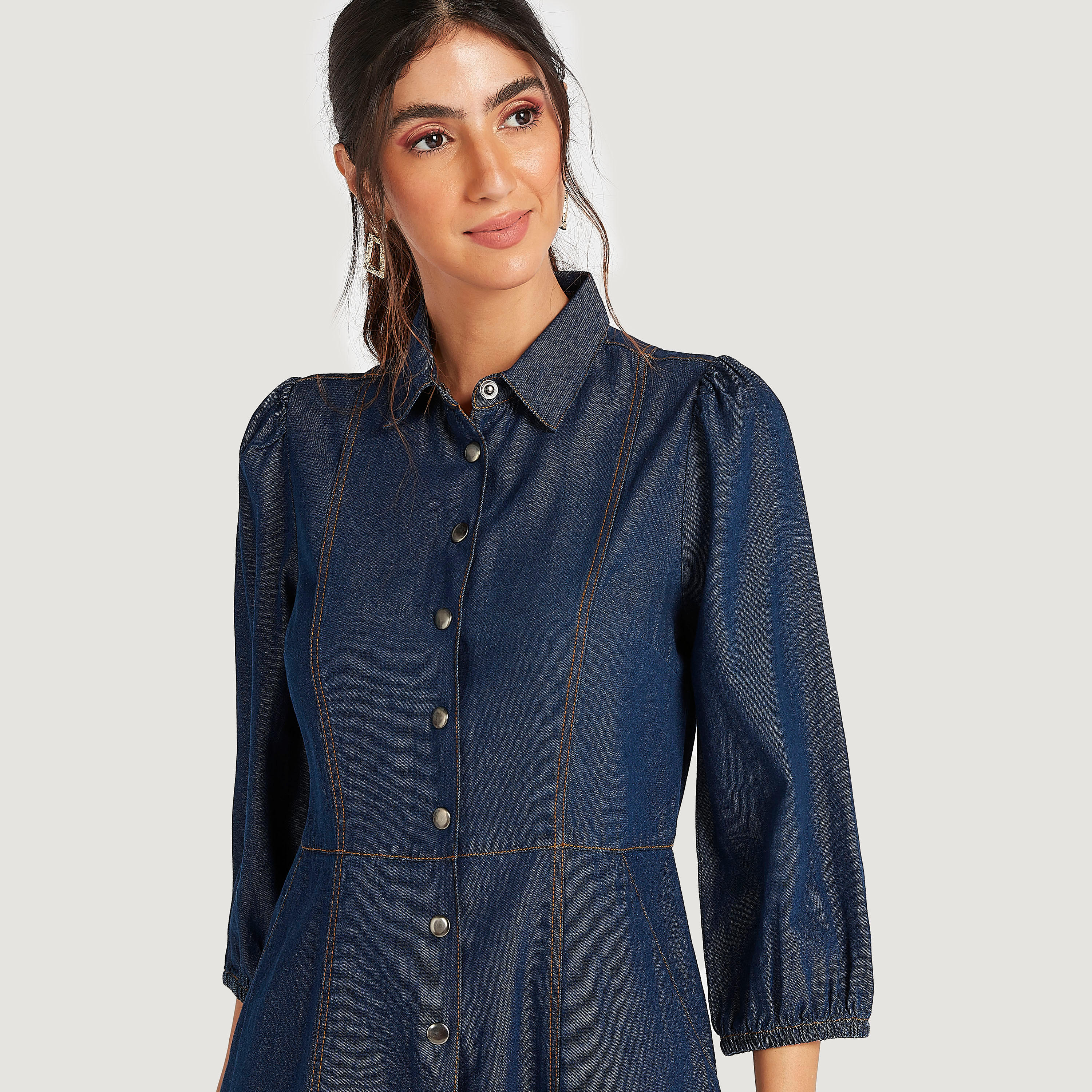 فستان منسدل قصير بياقة عادية وأكمام 3/4-women-clothing-dresses-image-6