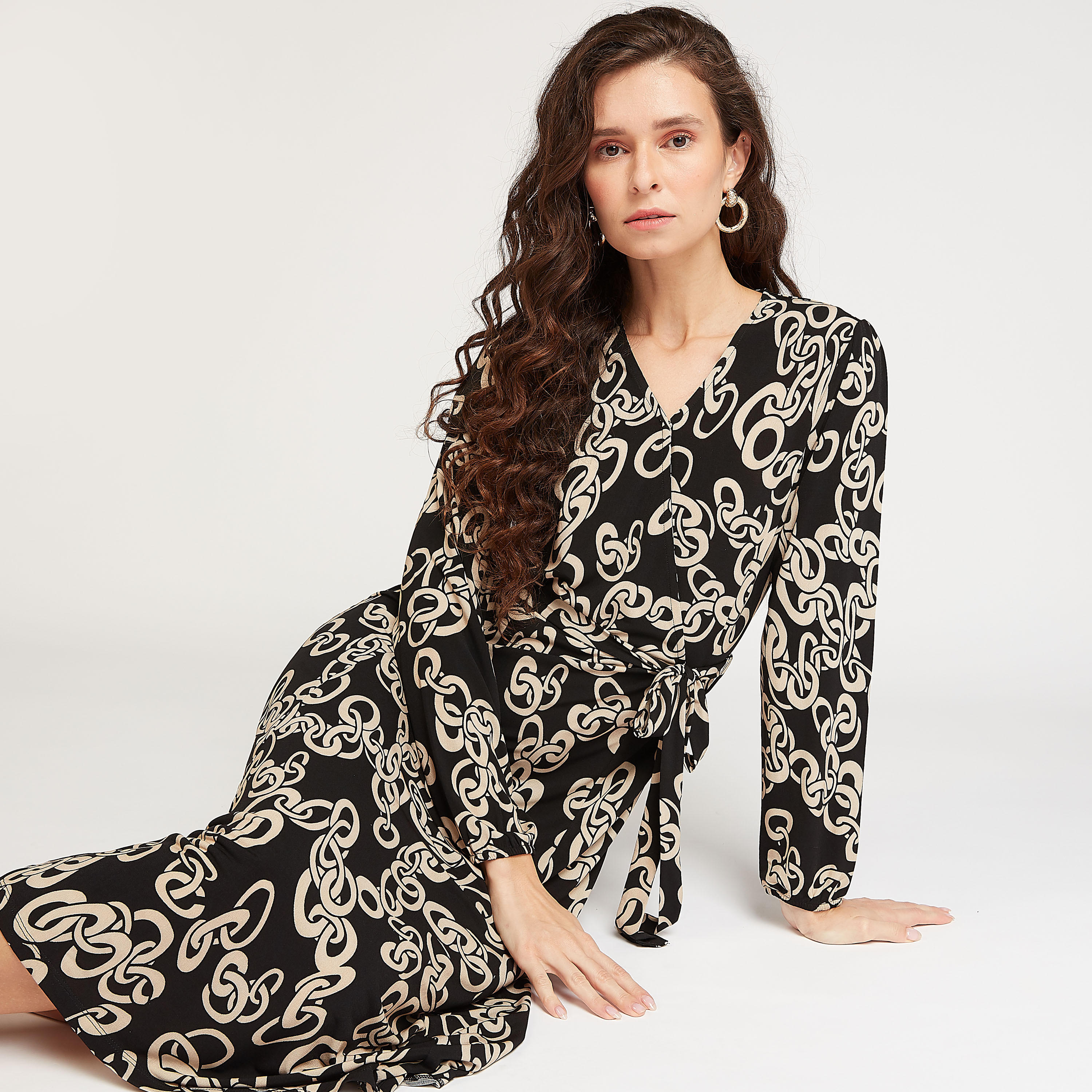 فستان مستدام ملفوف ميدي بأكمام طويلة وأربطة وطبعات-women-clothing-dresses-image-1
