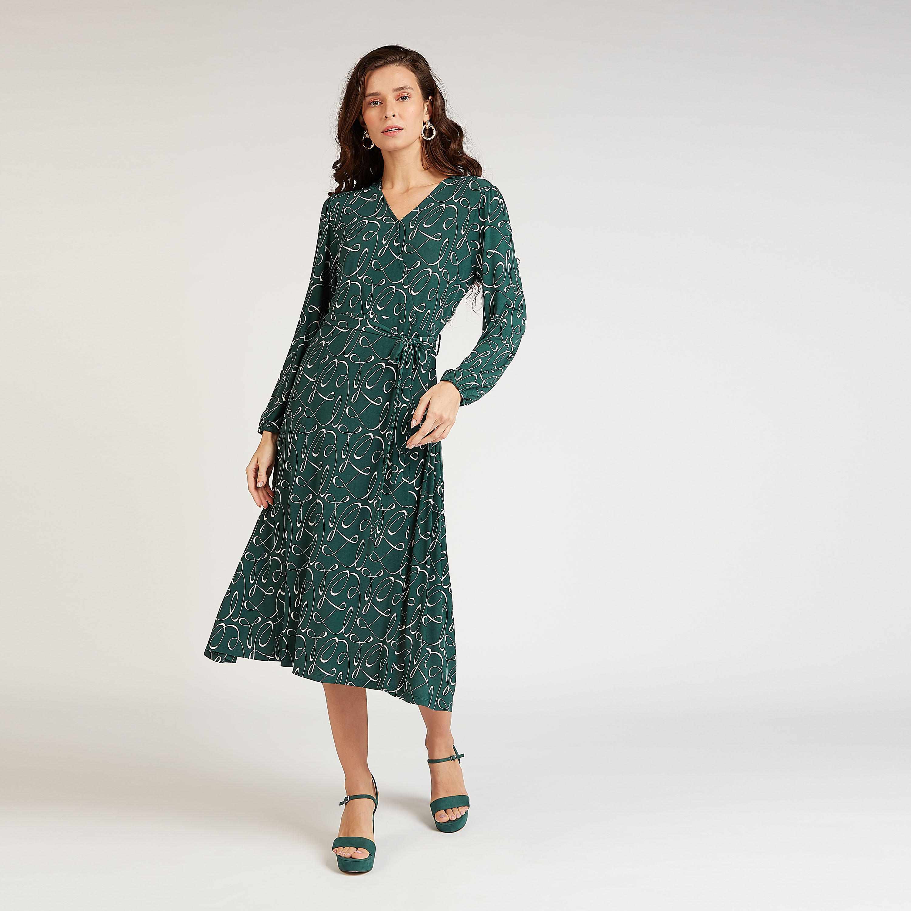 فستان مستدام ميدي ايه لاين بأكمام بيشوب وأربطة وطبعات-women-clothing-dresses-image-1