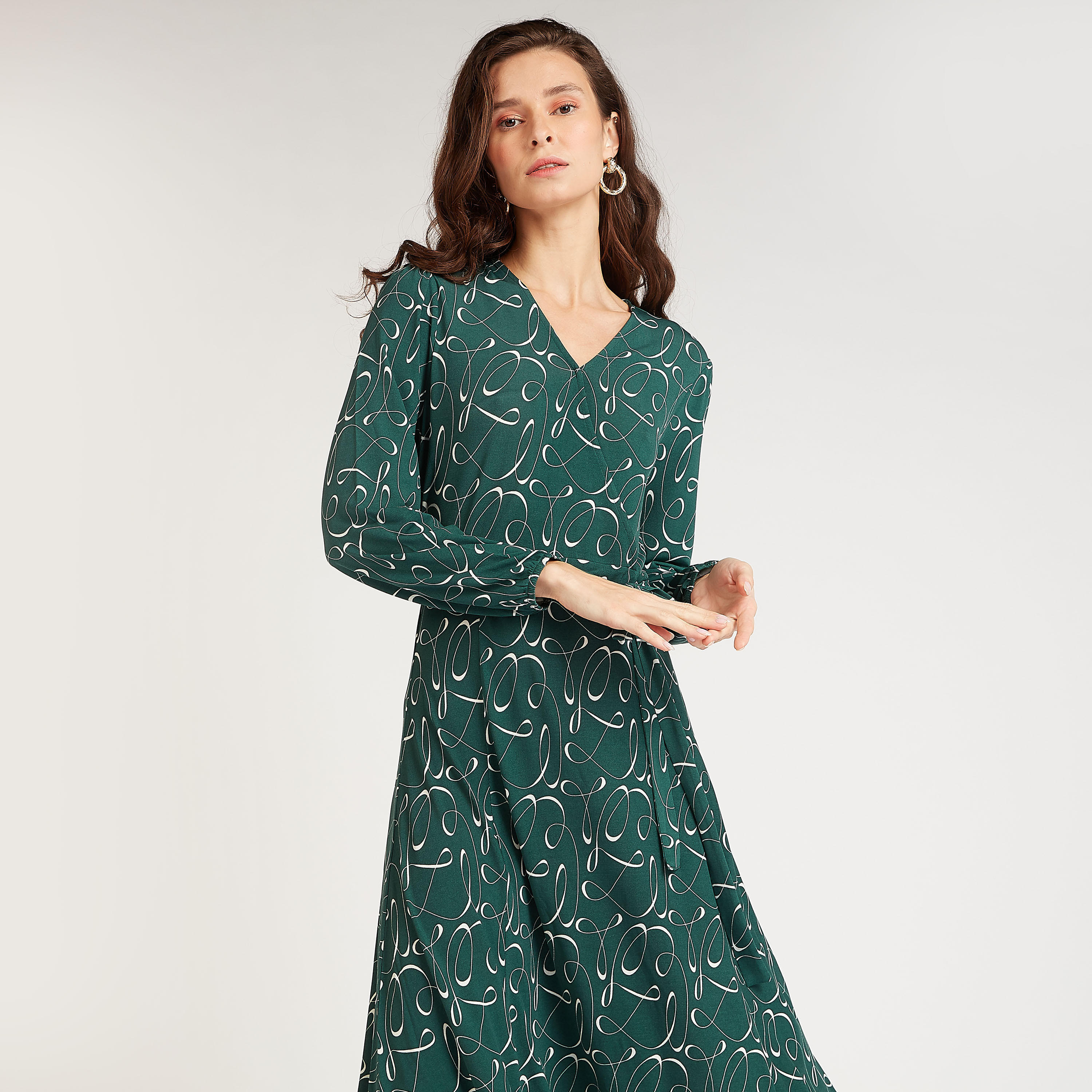 فستان مستدام ميدي ايه لاين بأكمام بيشوب وأربطة وطبعات-women-clothing-dresses-image-2