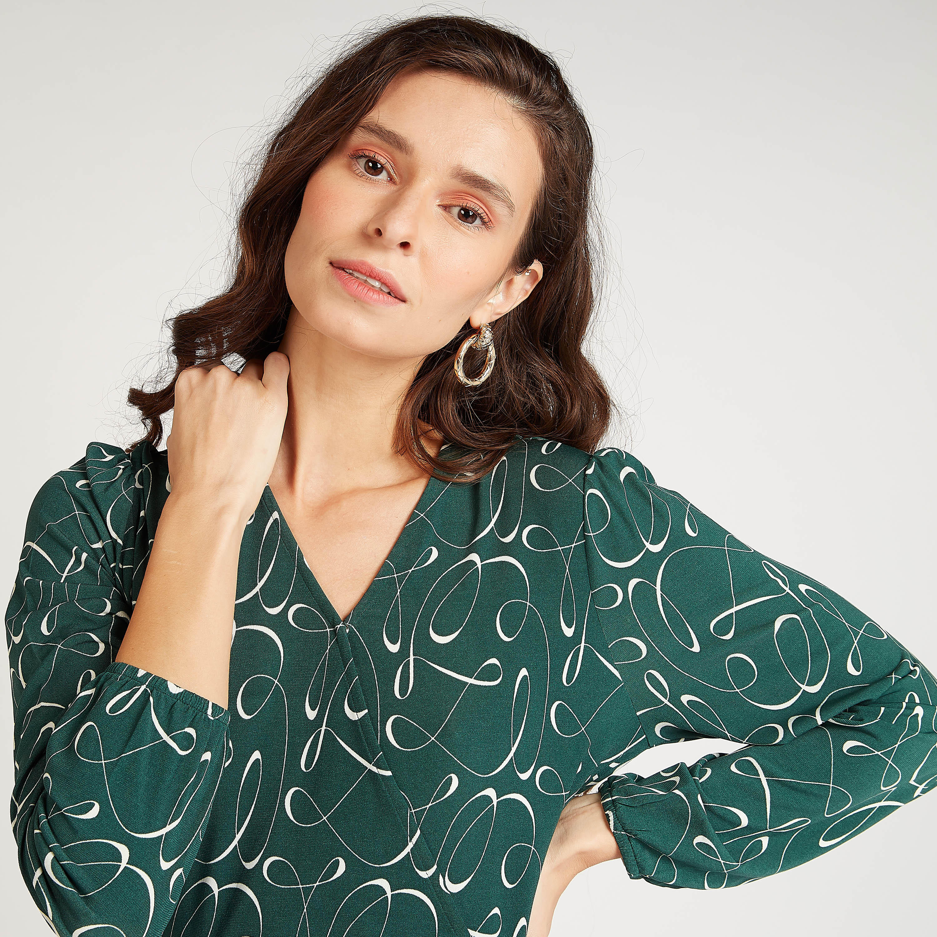 فستان مستدام ميدي ايه لاين بأكمام بيشوب وأربطة وطبعات-women-clothing-dresses-image-3
