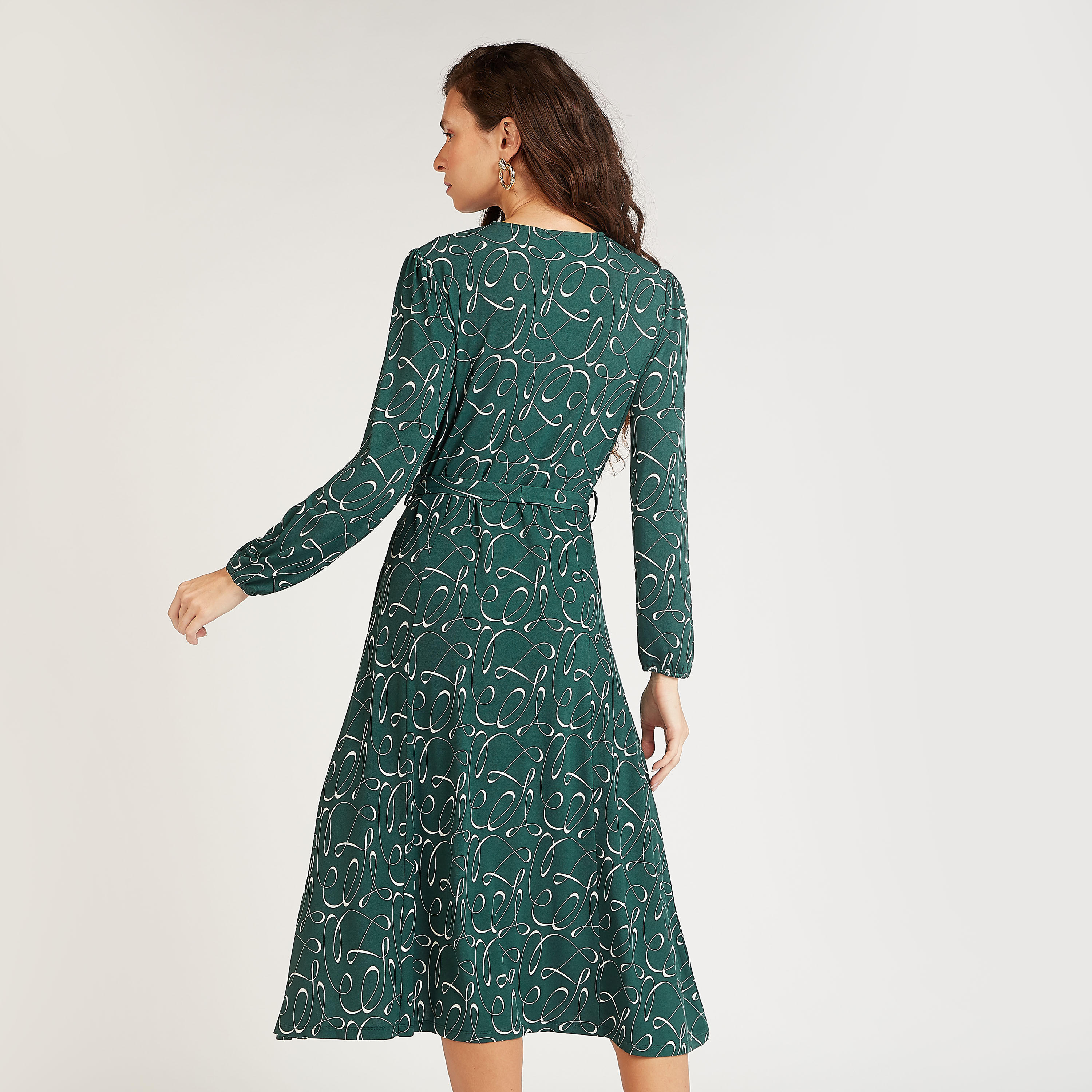 فستان مستدام ميدي ايه لاين بأكمام بيشوب وأربطة وطبعات-women-clothing-dresses-image-4