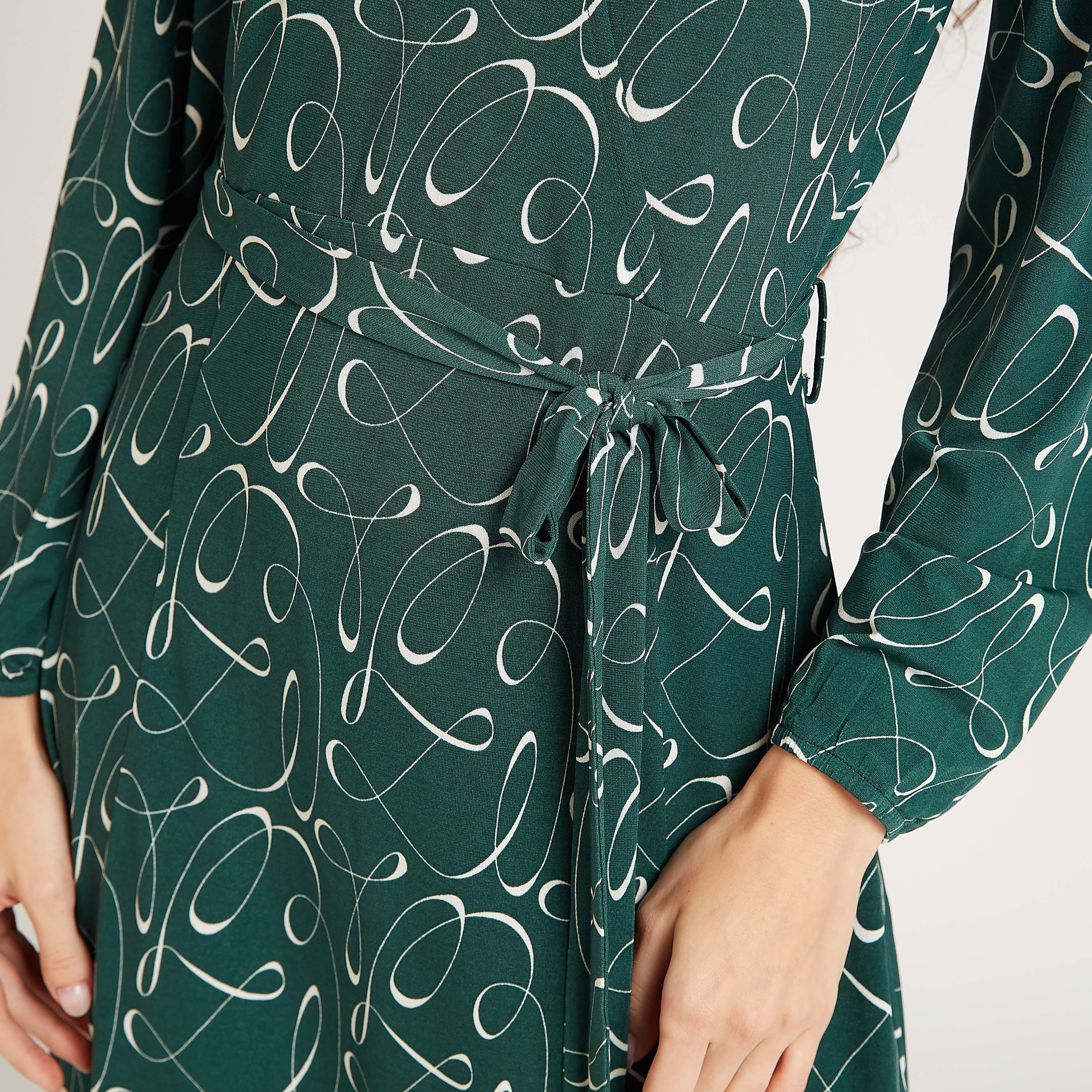 فستان مستدام ميدي ايه لاين بأكمام بيشوب وأربطة وطبعات-women-clothing-dresses-image-5