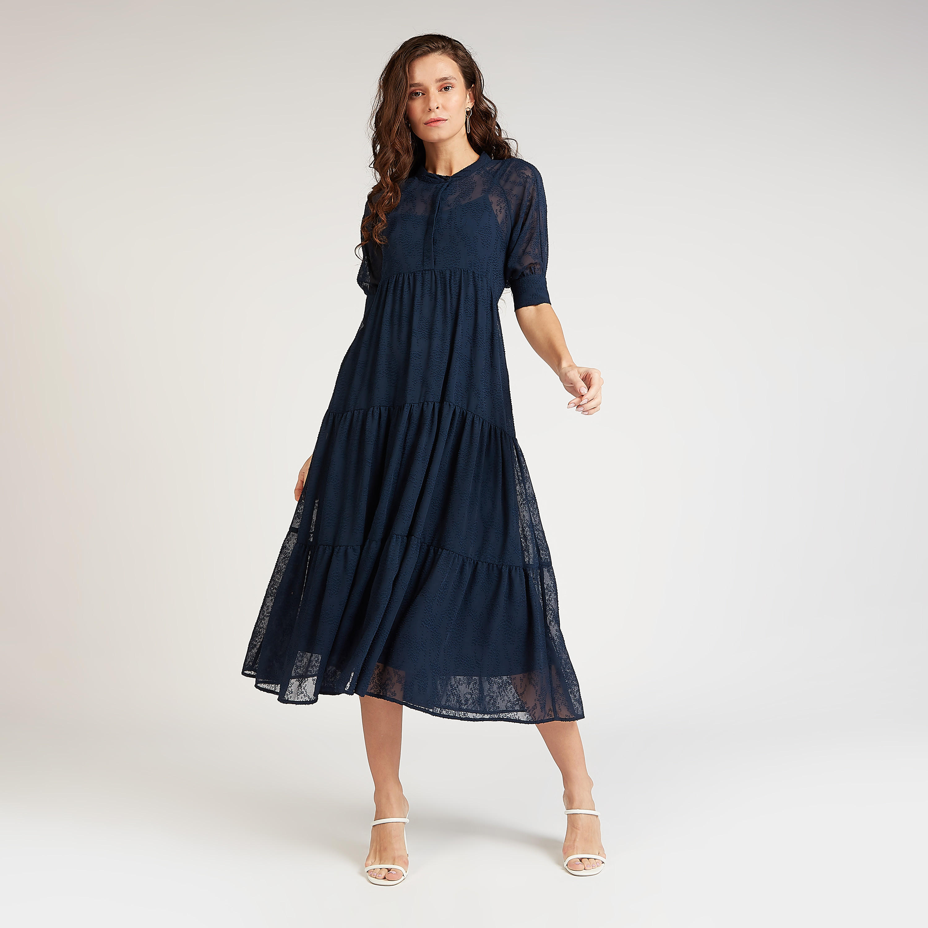 فستان مستدام إيه لاين ميدي بأكمام قصيرة و تفاصيل دانتيل-women-clothing-dresses-image-1