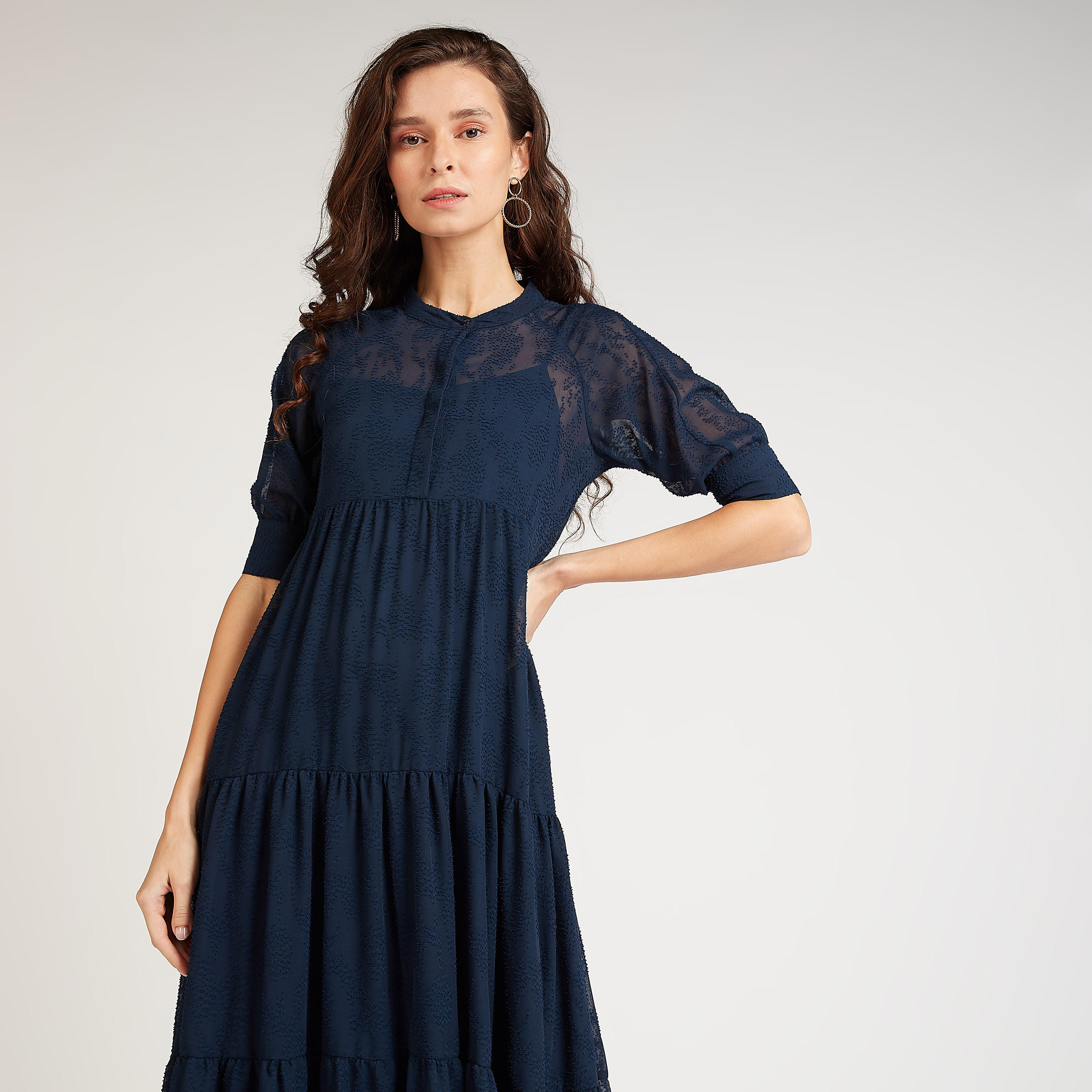 فستان مستدام إيه لاين ميدي بأكمام قصيرة و تفاصيل دانتيل-women-clothing-dresses-image-2