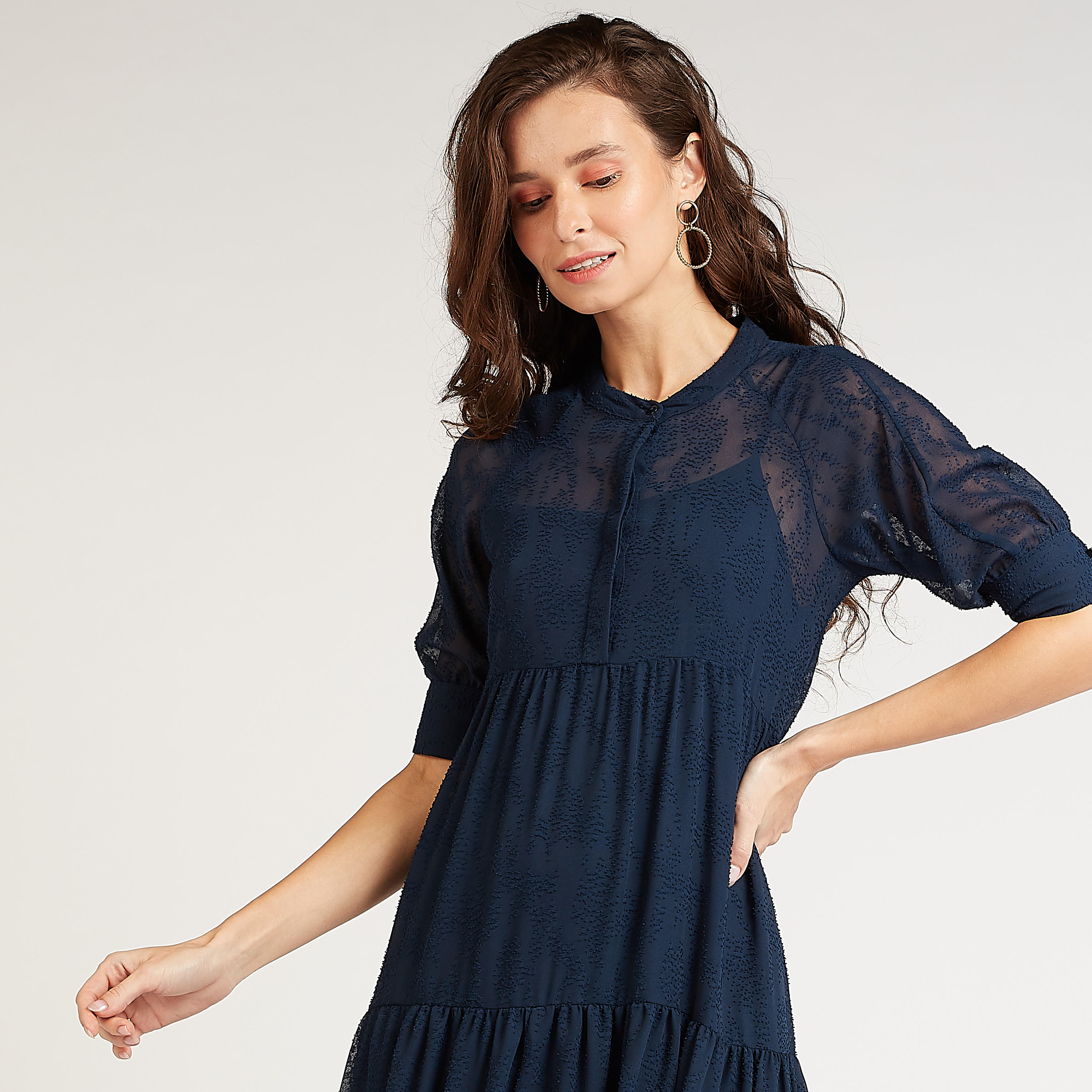 فستان مستدام إيه لاين ميدي بأكمام قصيرة و تفاصيل دانتيل-women-clothing-dresses-image-5