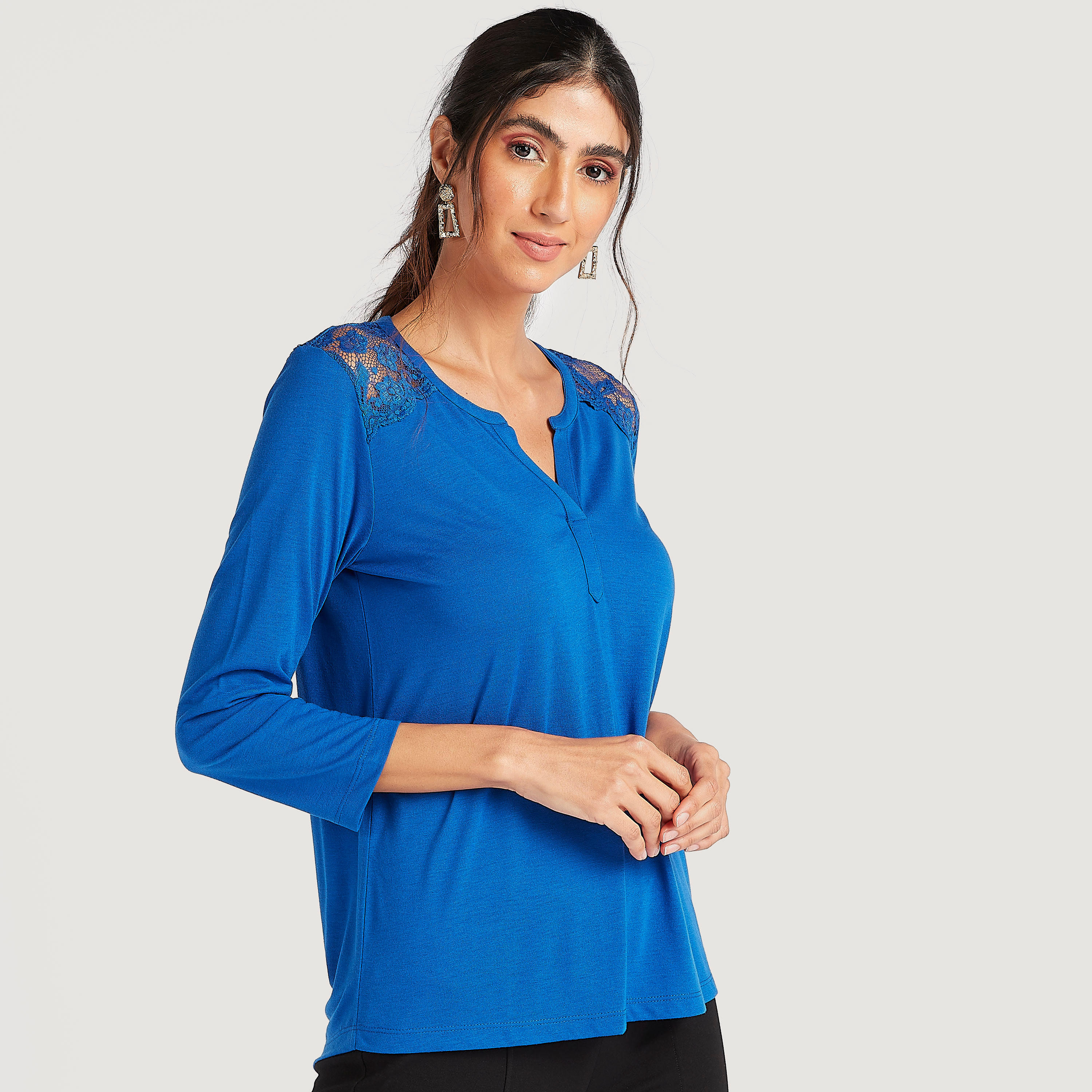 Lace Detail Top with V-neck and Long Sleeves-women-clothing-shirtsandblouses-blouses-image-1