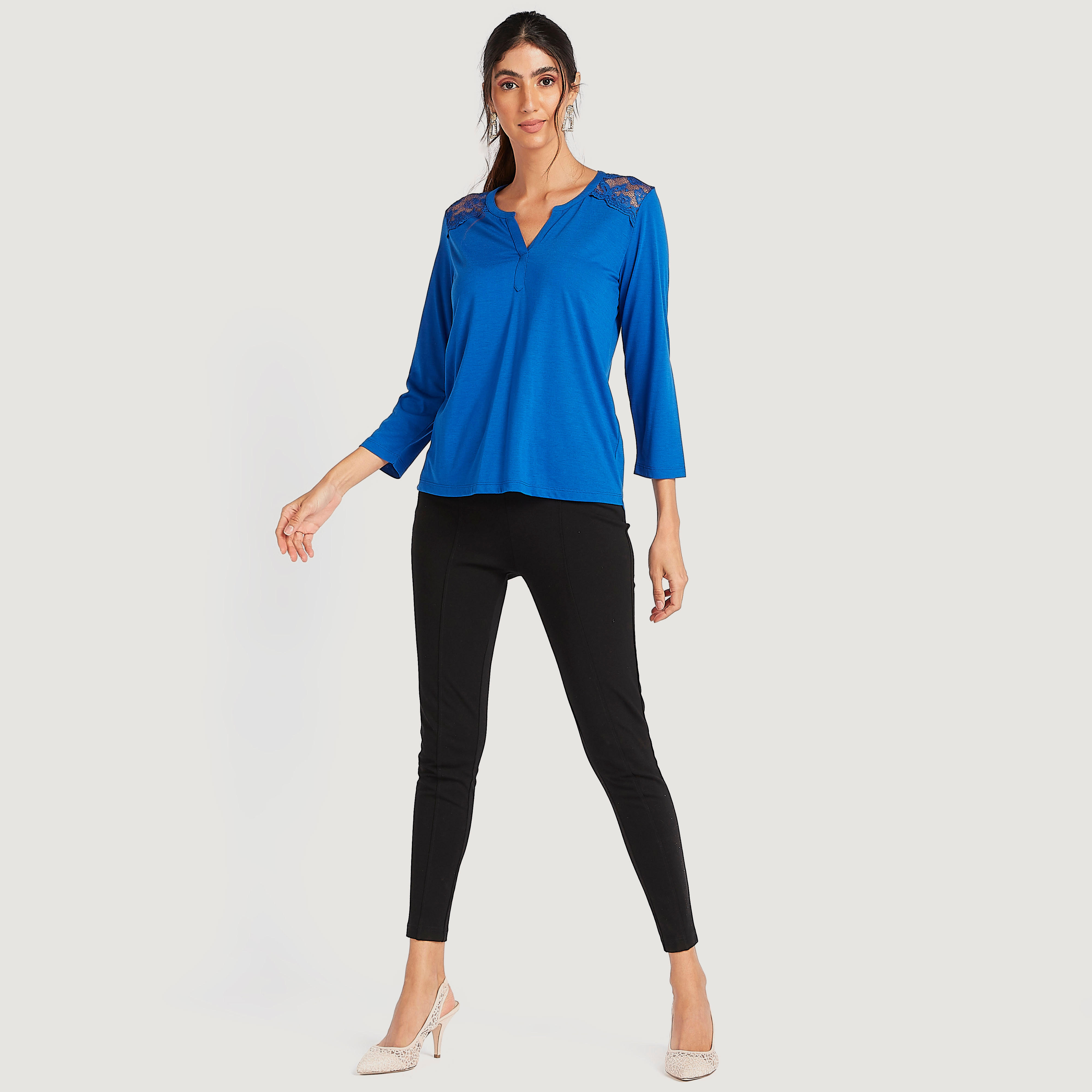 Lace Detail Top with V-neck and Long Sleeves-women-clothing-shirtsandblouses-blouses-image-2